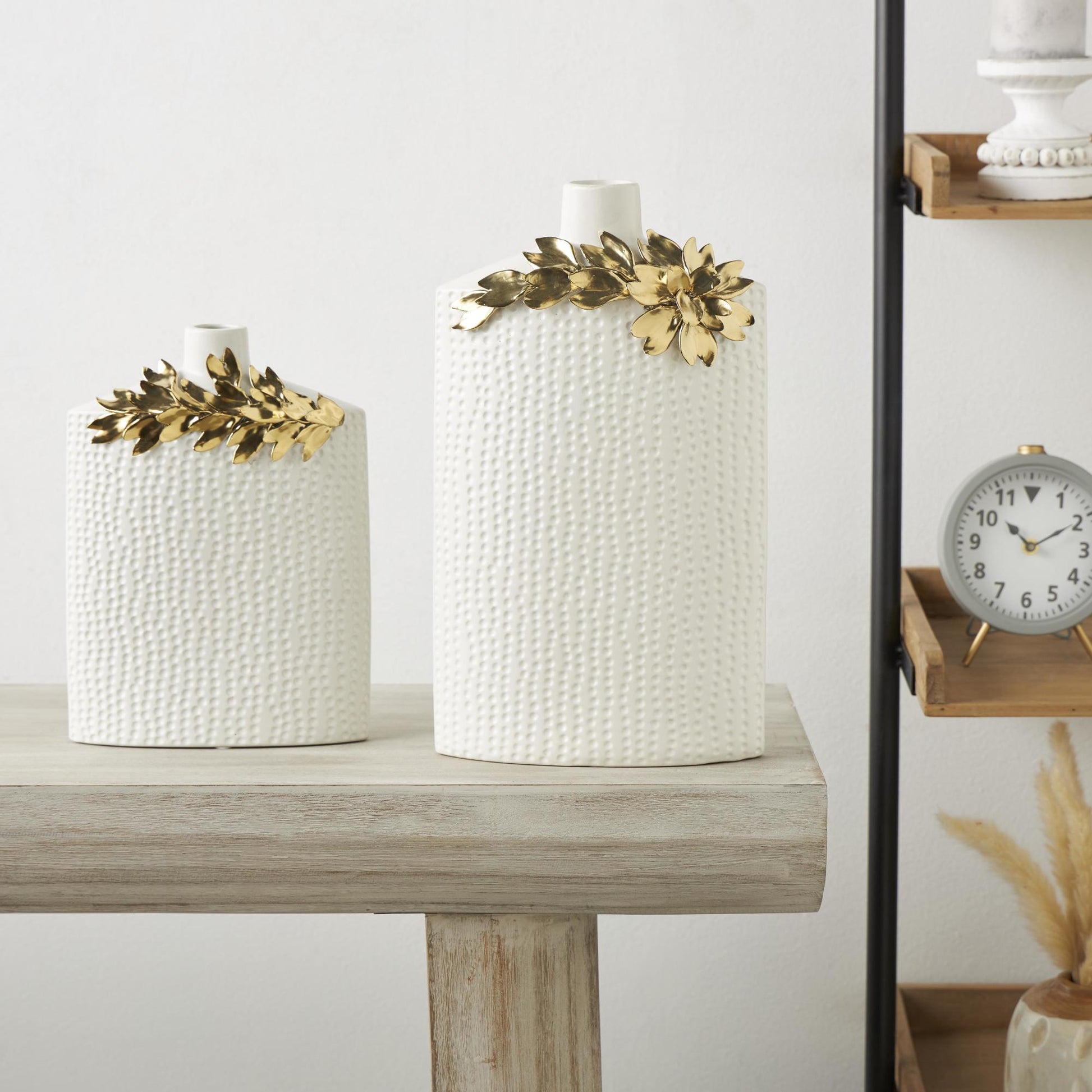 Set of 2 Leaf White Ceramic Decorative Vase with Abstract Spotted Pattern and Gold Accents