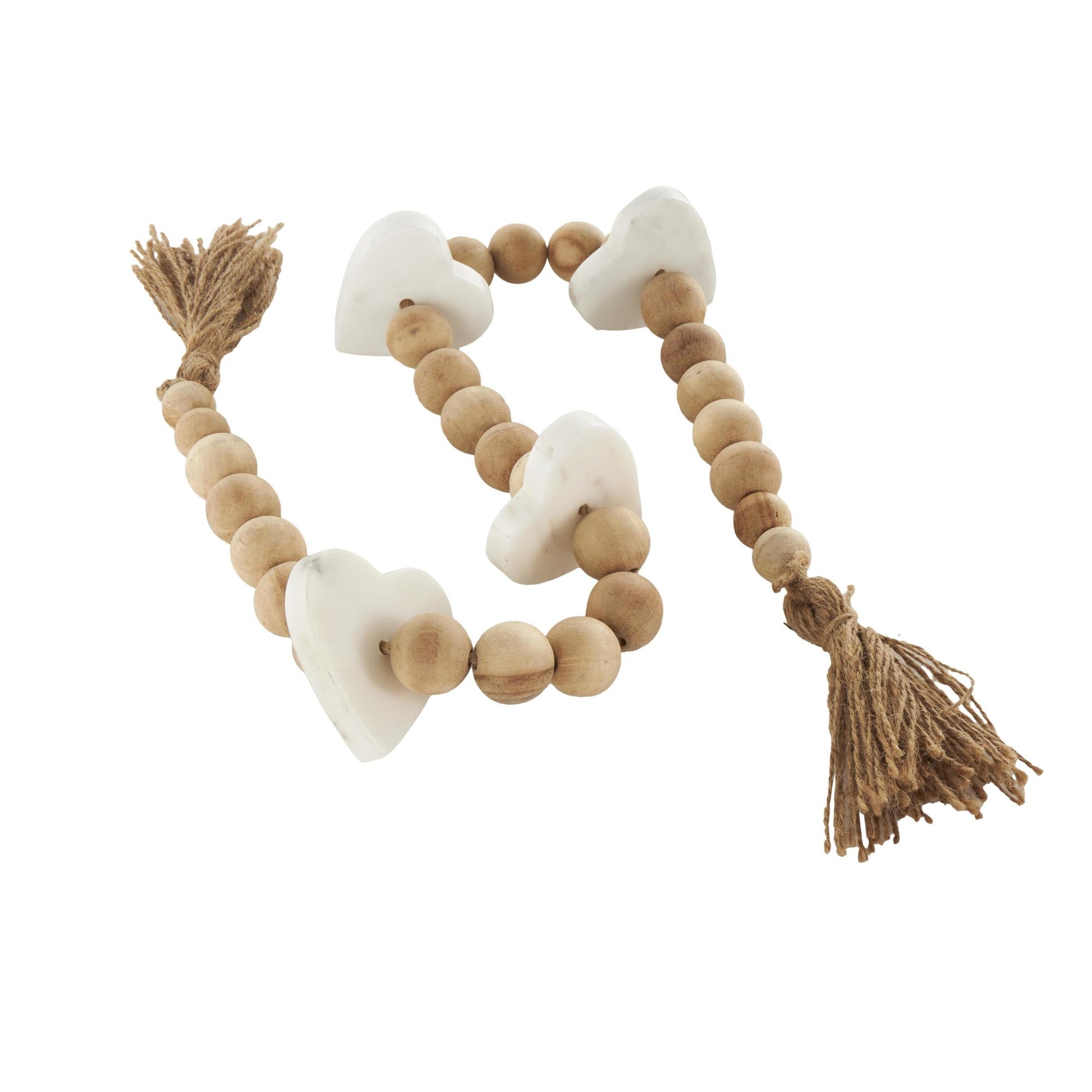 Heart Light Brown Marble Handmade Beaded Garland with Tassel with Knotted Brown Jute and White Accents