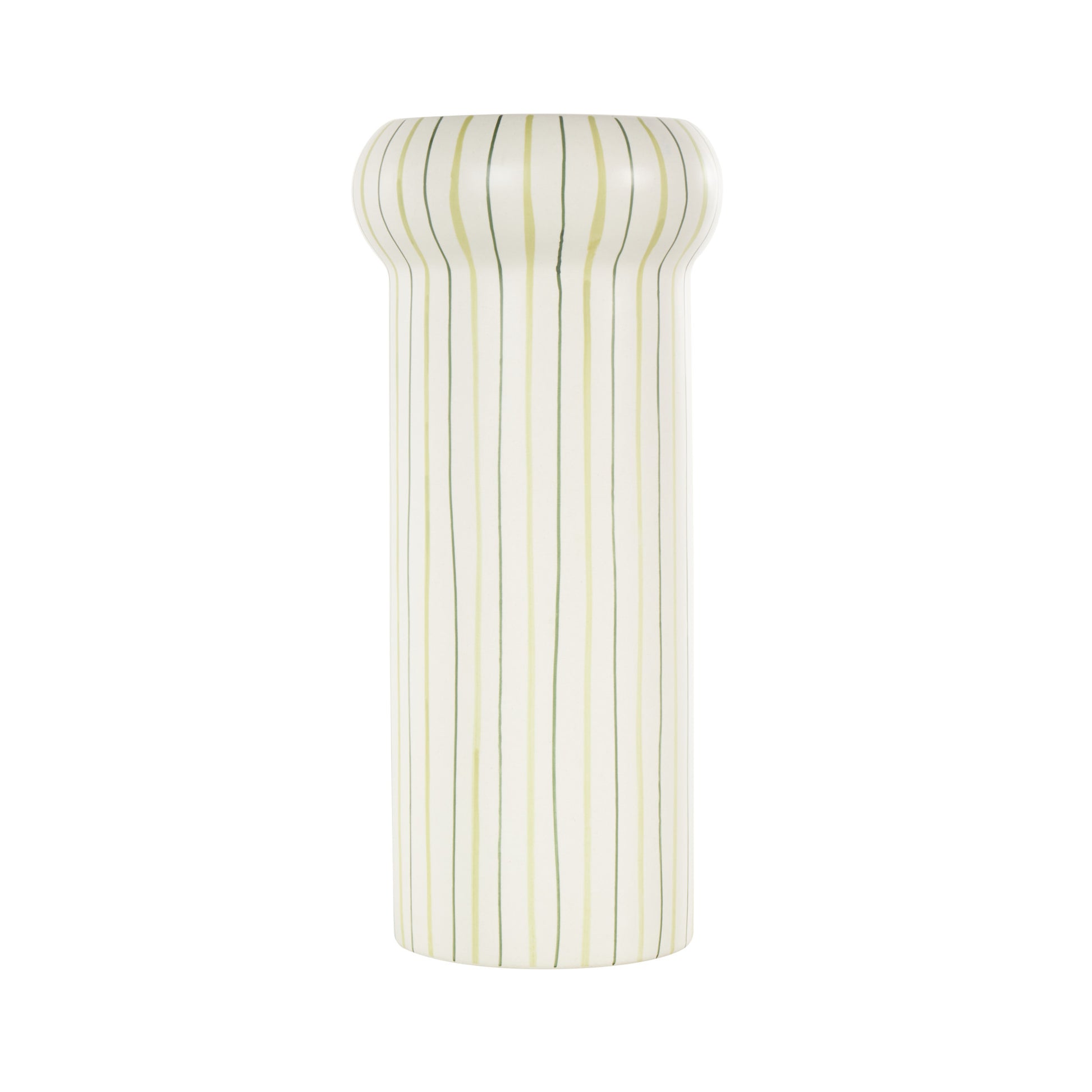 Abstract White Ceramic Round Decorative Vase with Green Linear Patterns