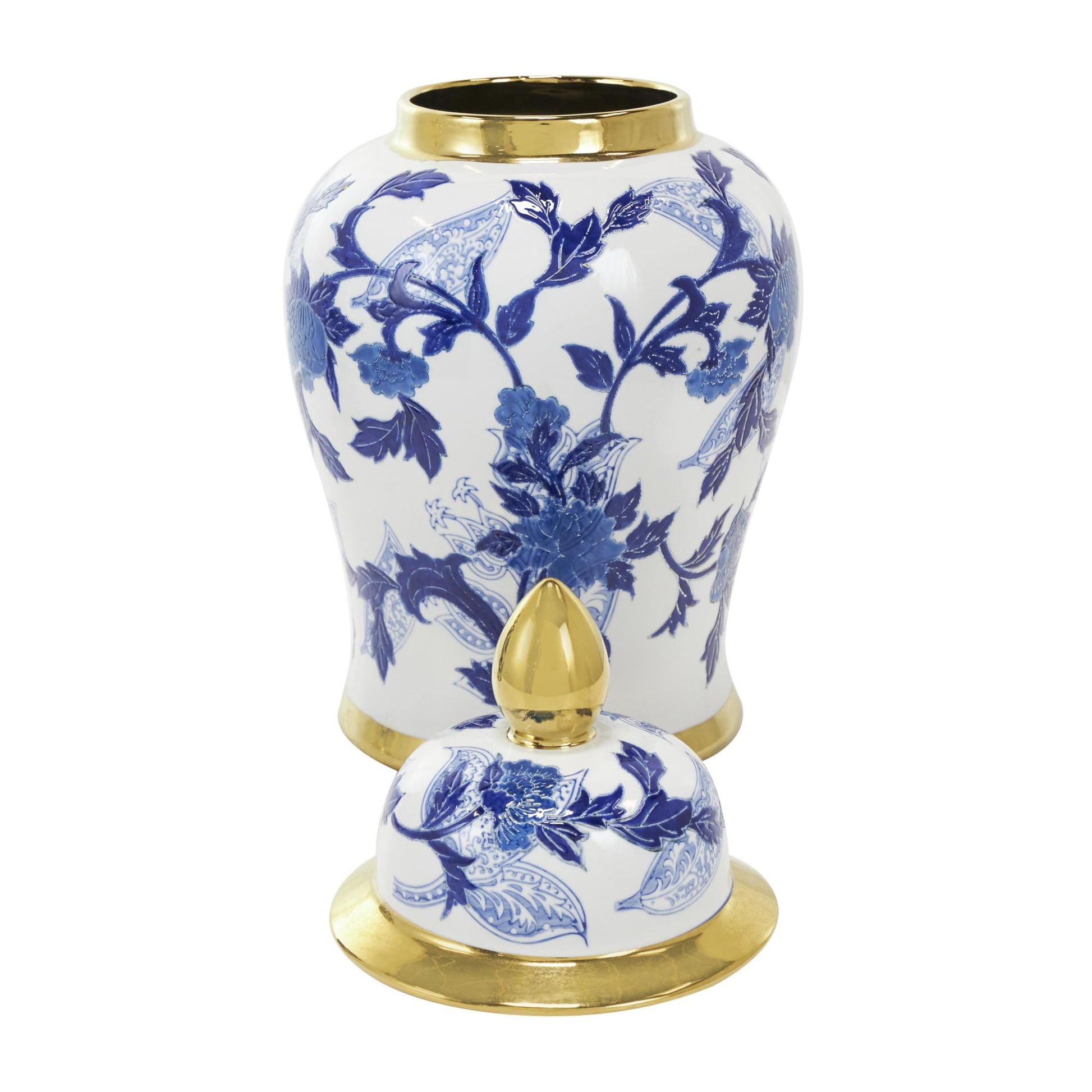 Floral Blue Ceramic Living Room Decorative Jars with Cream and Gold Accents