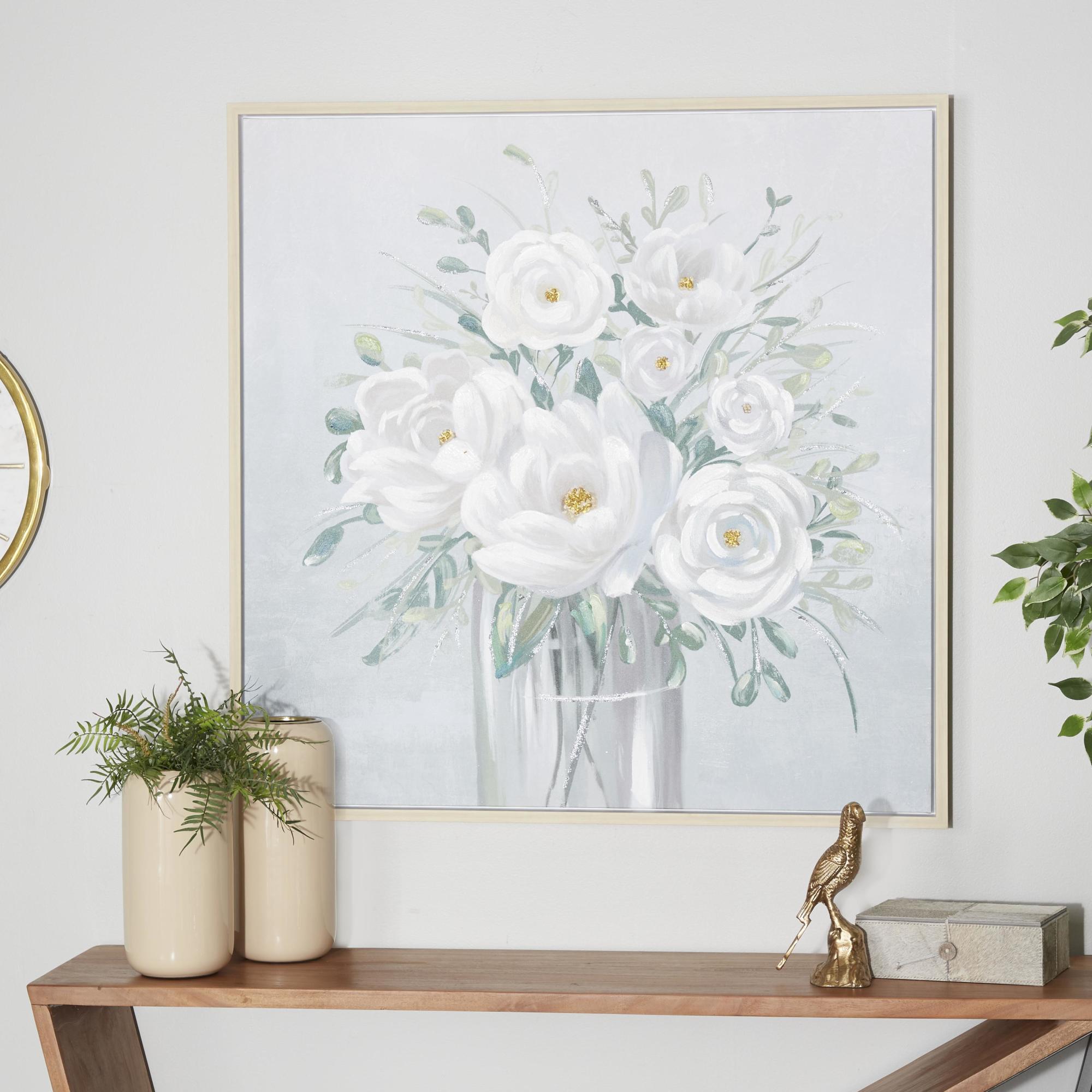 Floral White Canvas Bouquet Living Room Framed Wall Art with Tan Frame