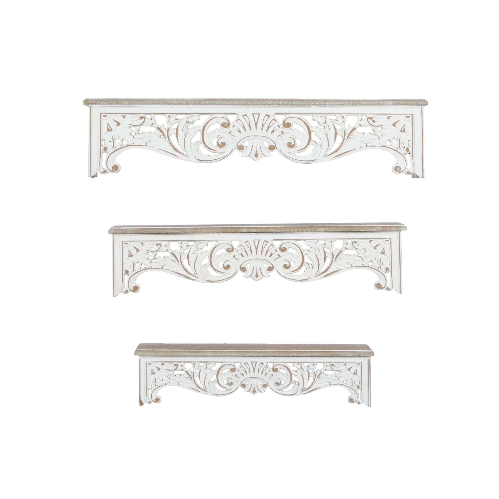 Set of 3 Scroll Cream Wooden Carved 3 Shelves Room Wall Shelf