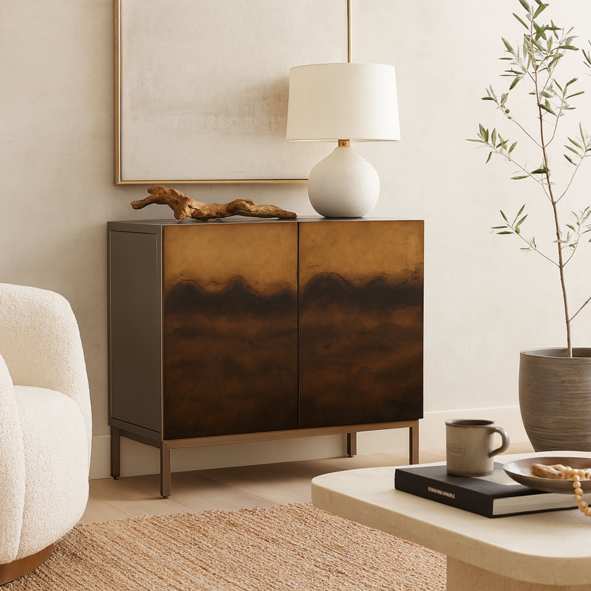 Silver Metal 2 Door Media Credenza Cabinet with Brown Wavy Designed Wooden Front