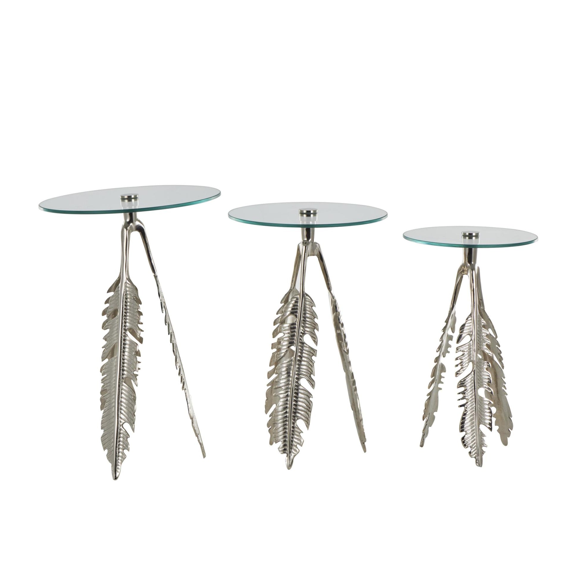 Set of 3 Leaf Aluminum Metal Side End Accent Table with Tripod Legs and Tempered Glass Top