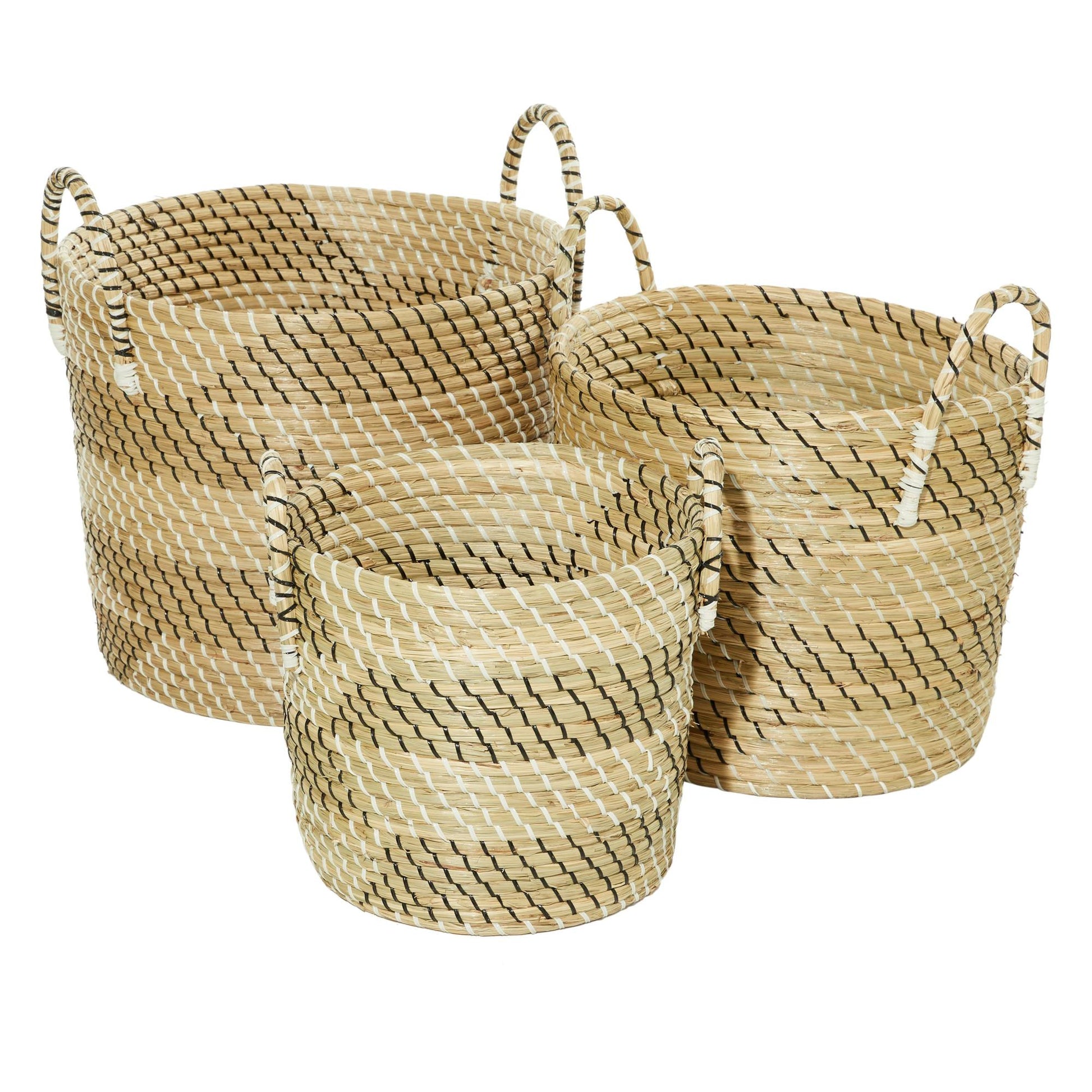 Set of 3 Beige Seagrass Handmade Woven Decorative and Functional Storage Basket with Black and White Zig Zag Pattern
