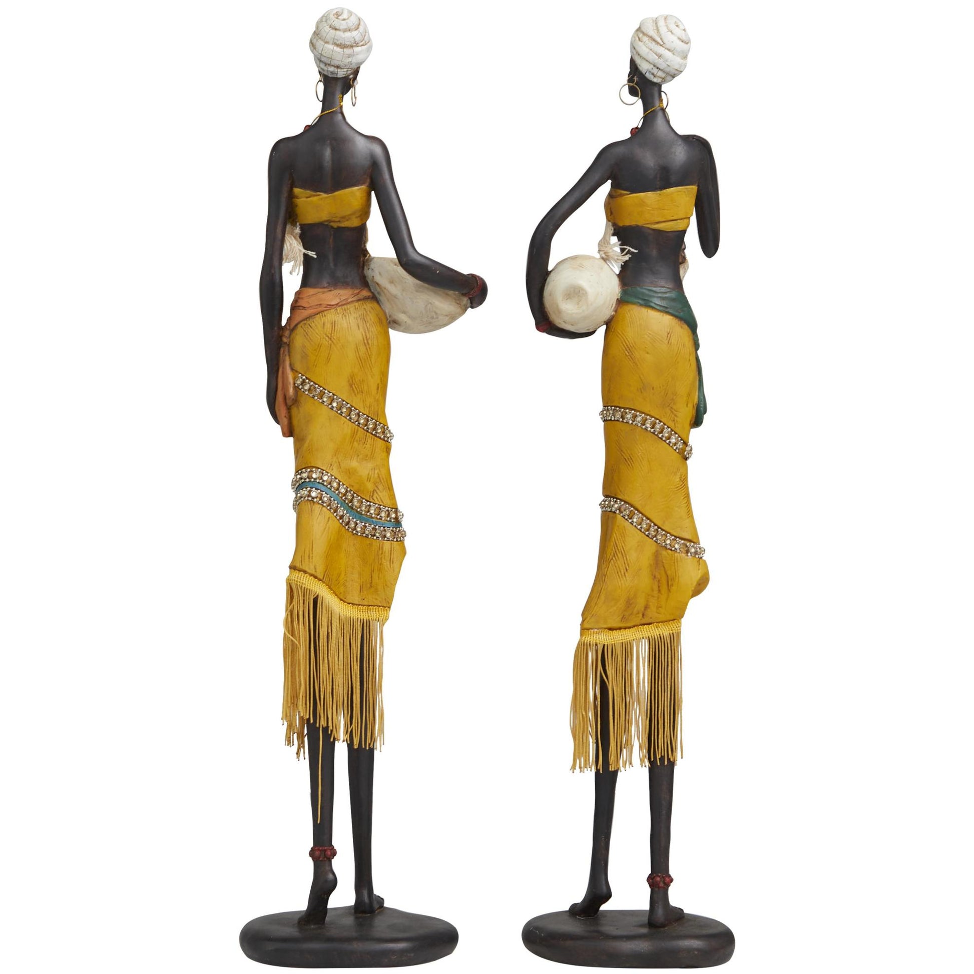 Set of 2 Woman Yellow Polyresin Handmade African Decorative Sculpture with Water Jugs and Jeweled Details