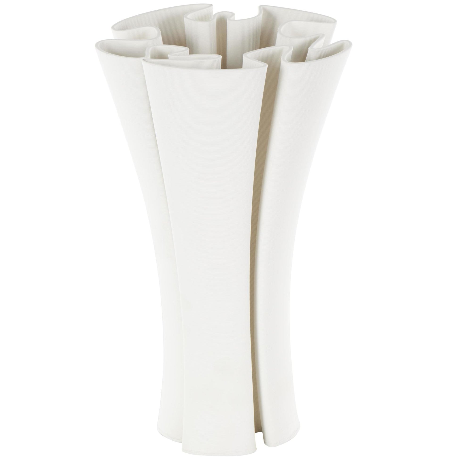 Abstract White Ceramic Ribbed Dimensional Folded Decorative Vase with Curvy Rim