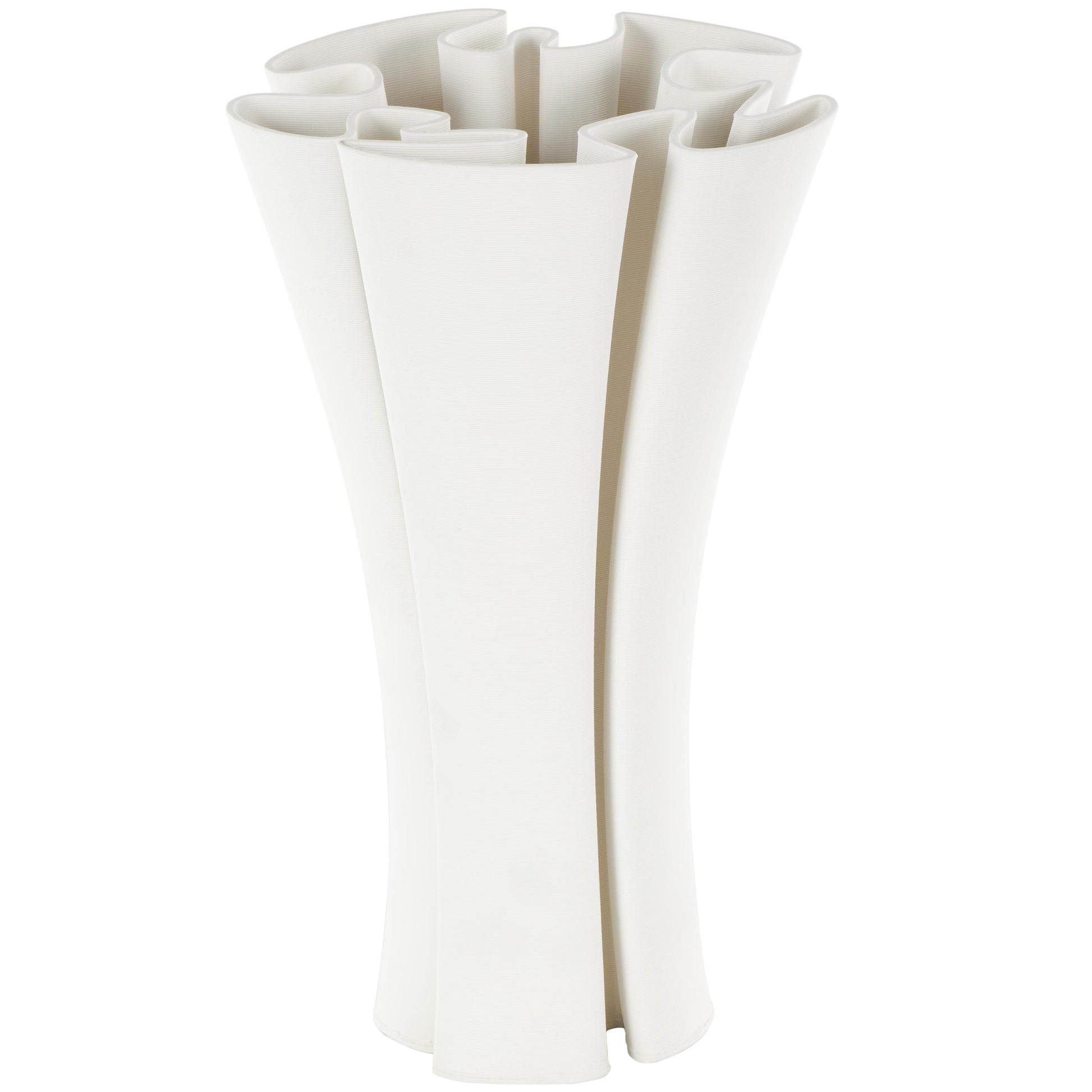 Abstract White Ceramic Ribbed Dimensional Folded Decorative Vase with Curvy Rim