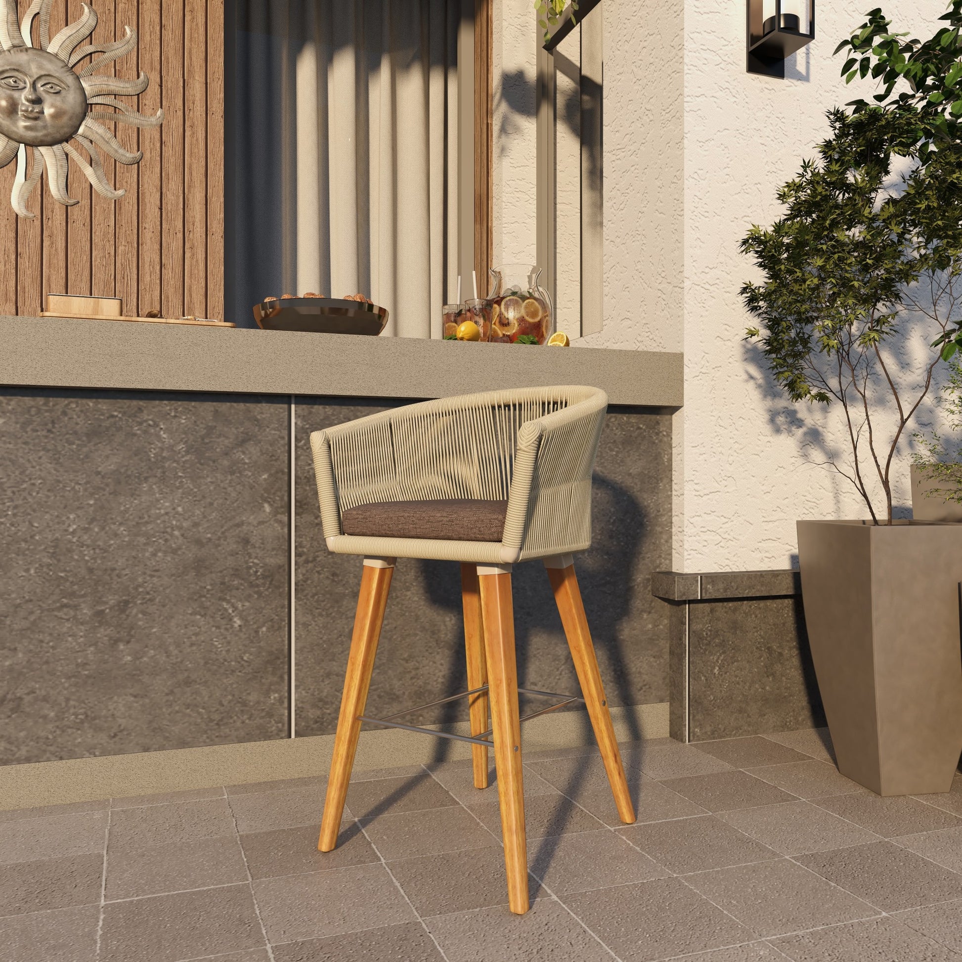 Gray Fabric Woven Rope Indoor Kitchen Bar Stool with Polyester Cushion and Tapered Wood Legs