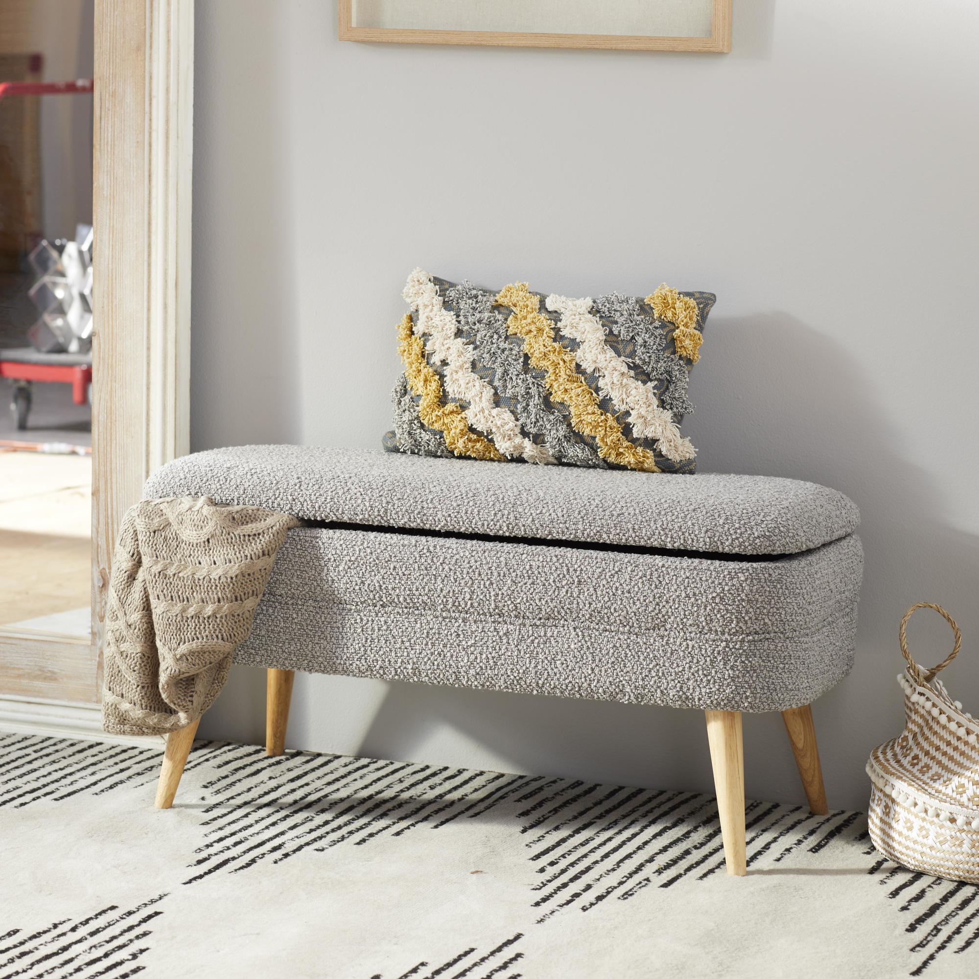Gray Polyester Rounded Upholstered Boucle Room Storage Bench with Tapered Wood Legs
