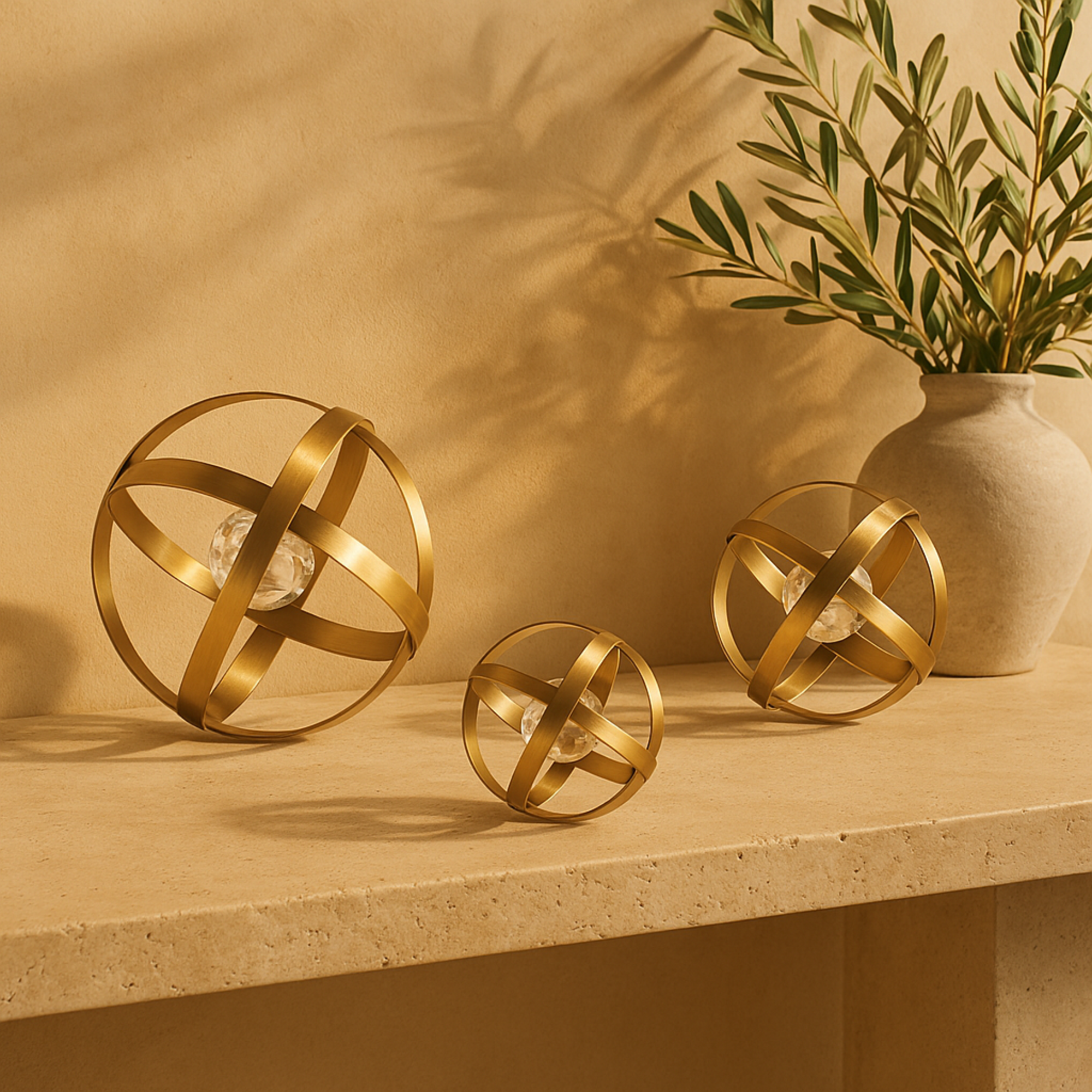Set of 3 Geometric Metal Orb Decorative Sculpture with Acrylic Center