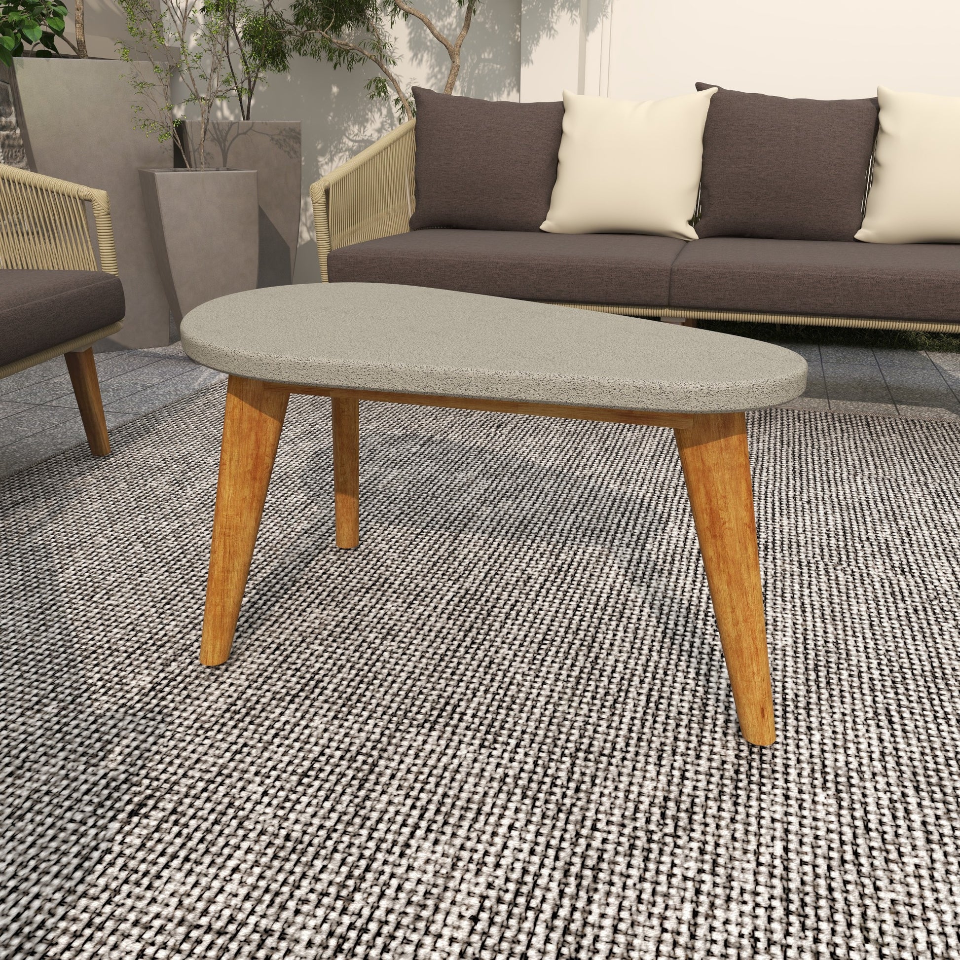 Gray Cement Stone Concrete Inspired Angled Oval End Table Outdoor Accent Table with Tapered Wood Legs