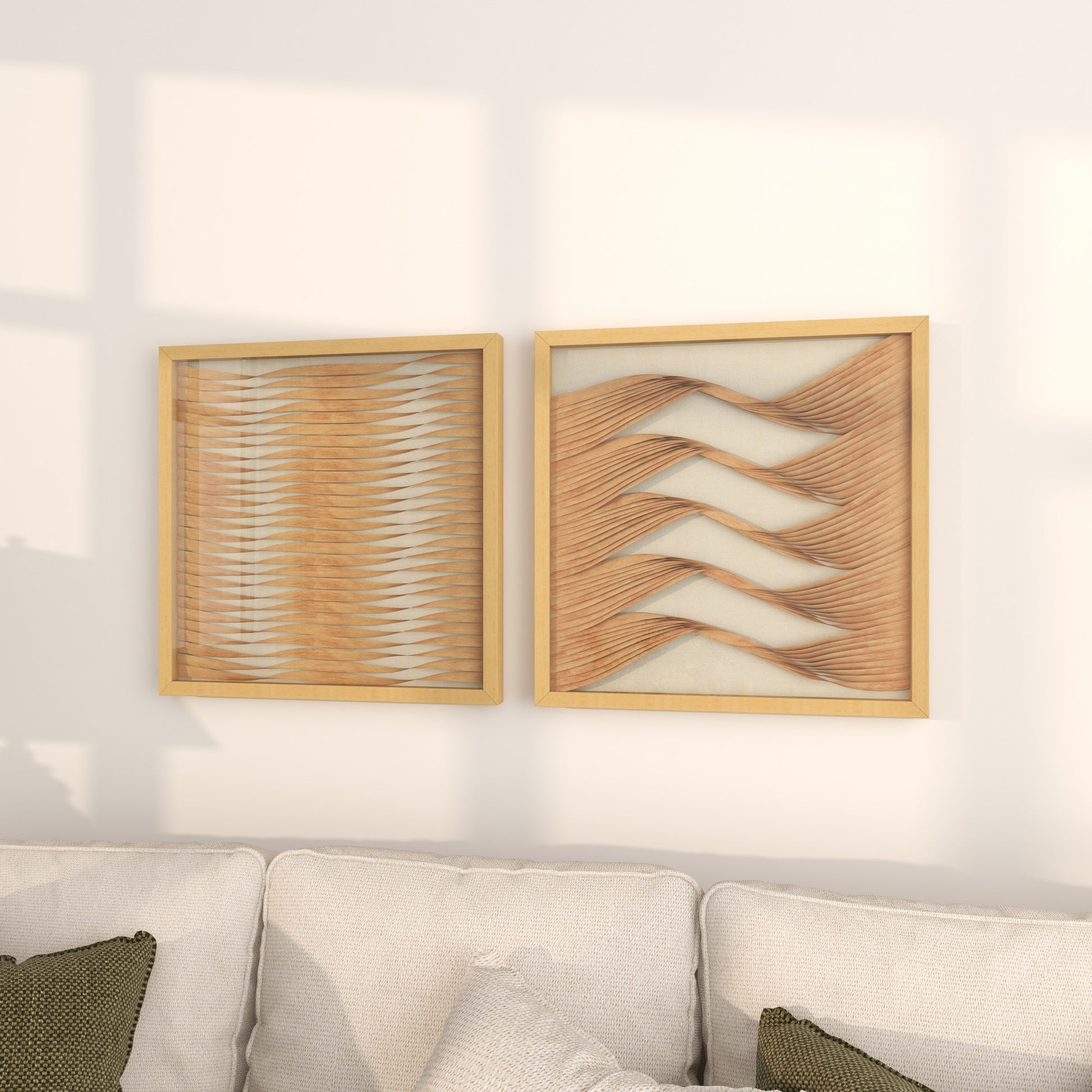 Set of 2 Abstract Brown Wooden Handmade Twisted Ribbon Home Shadow Box with Beige Linen Backing