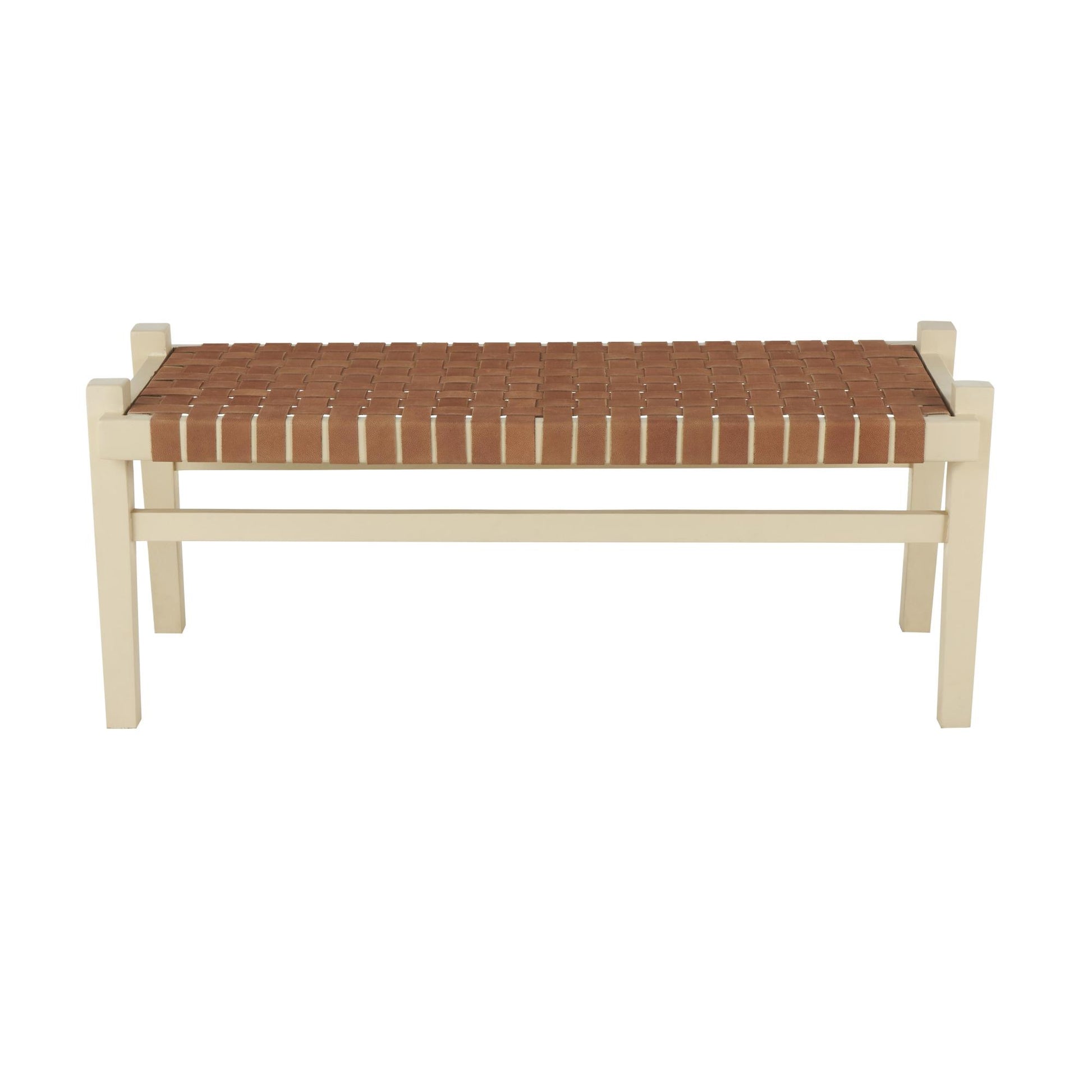 Leather Handmade Woven Seat Home Bench with Beige Wood Base