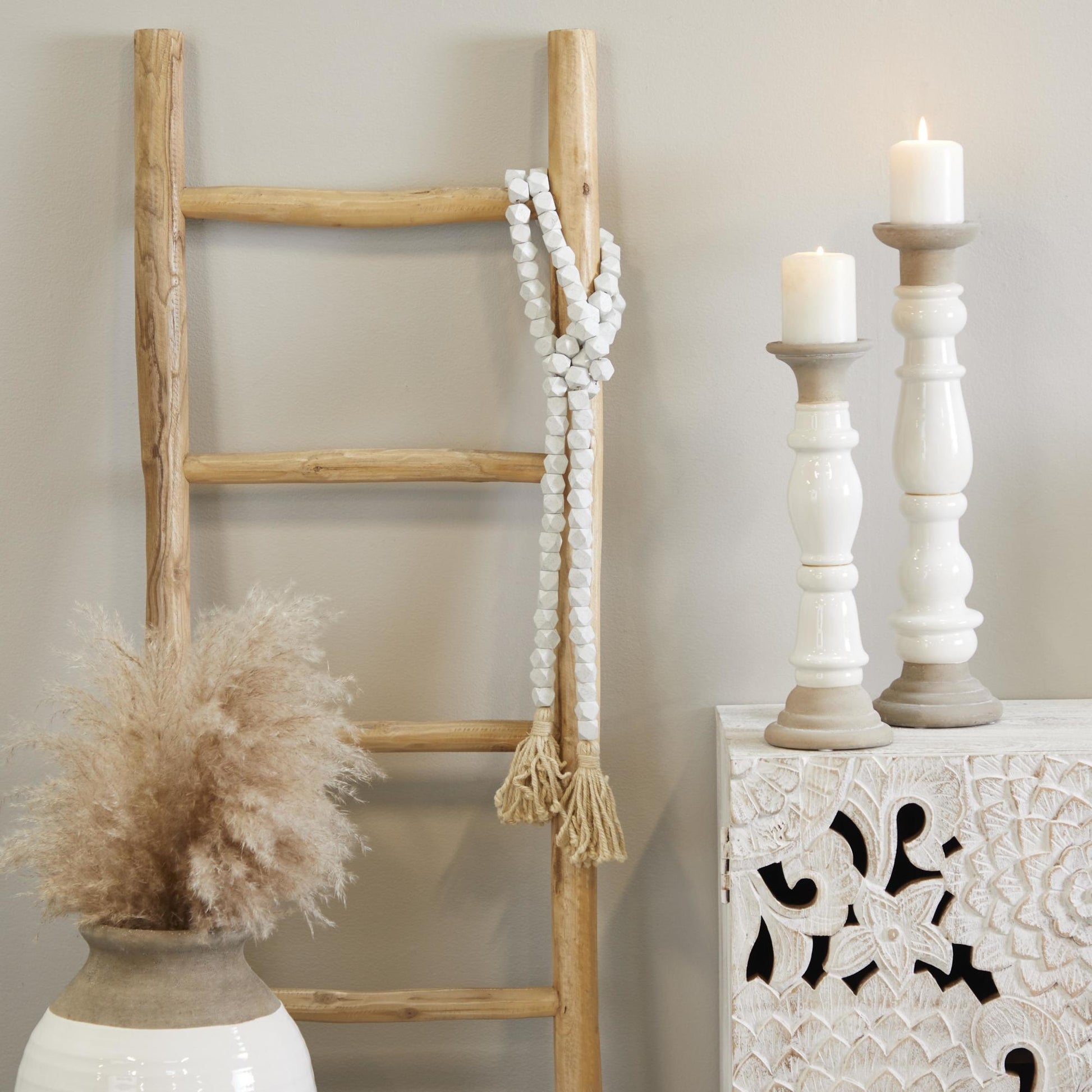 Mango Wood Handmade Hexagon Carved Geometric Long Beaded Garland with Tassel