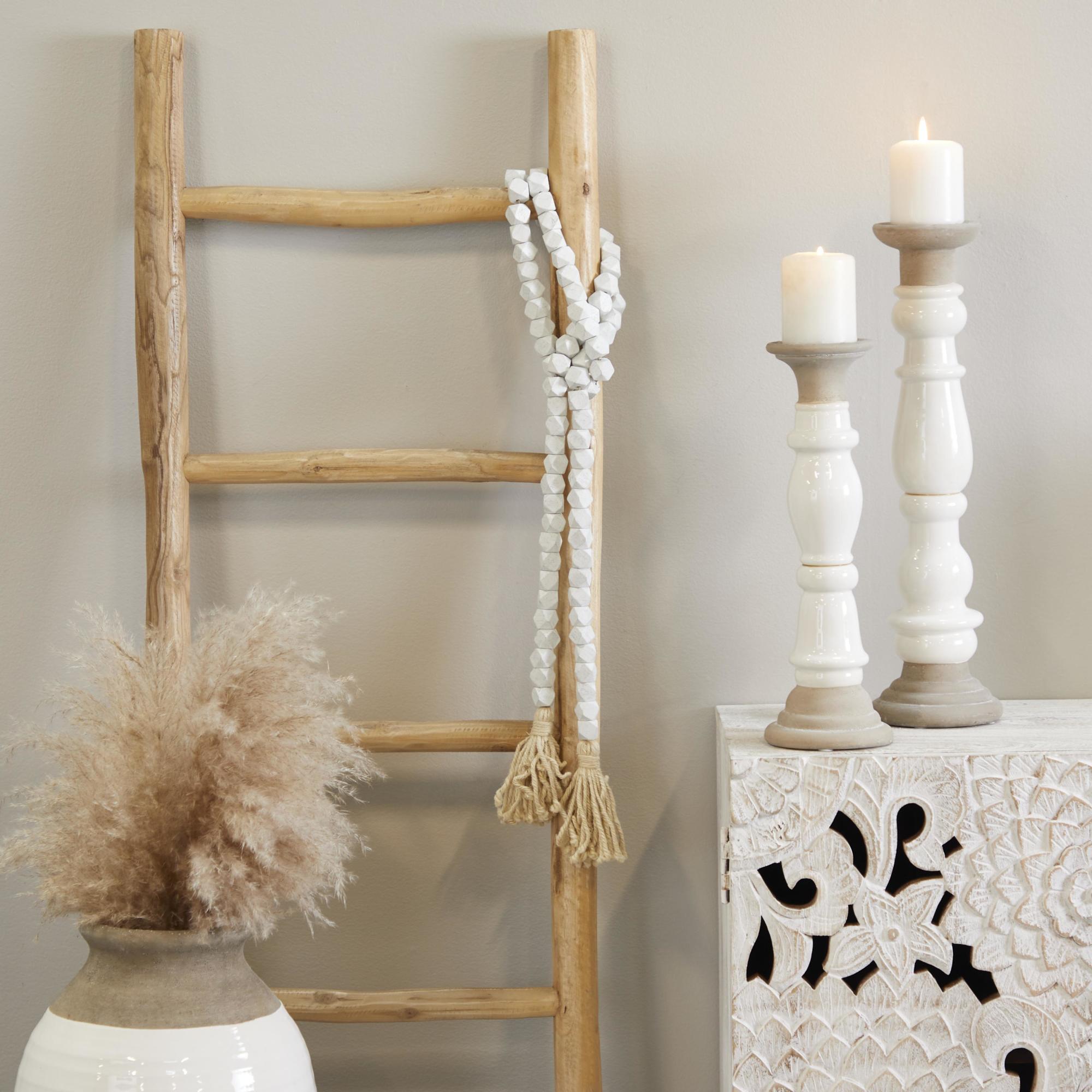 Mango Wood Handmade Hexagon Carved Geometric Long Beaded Garland with Tassel