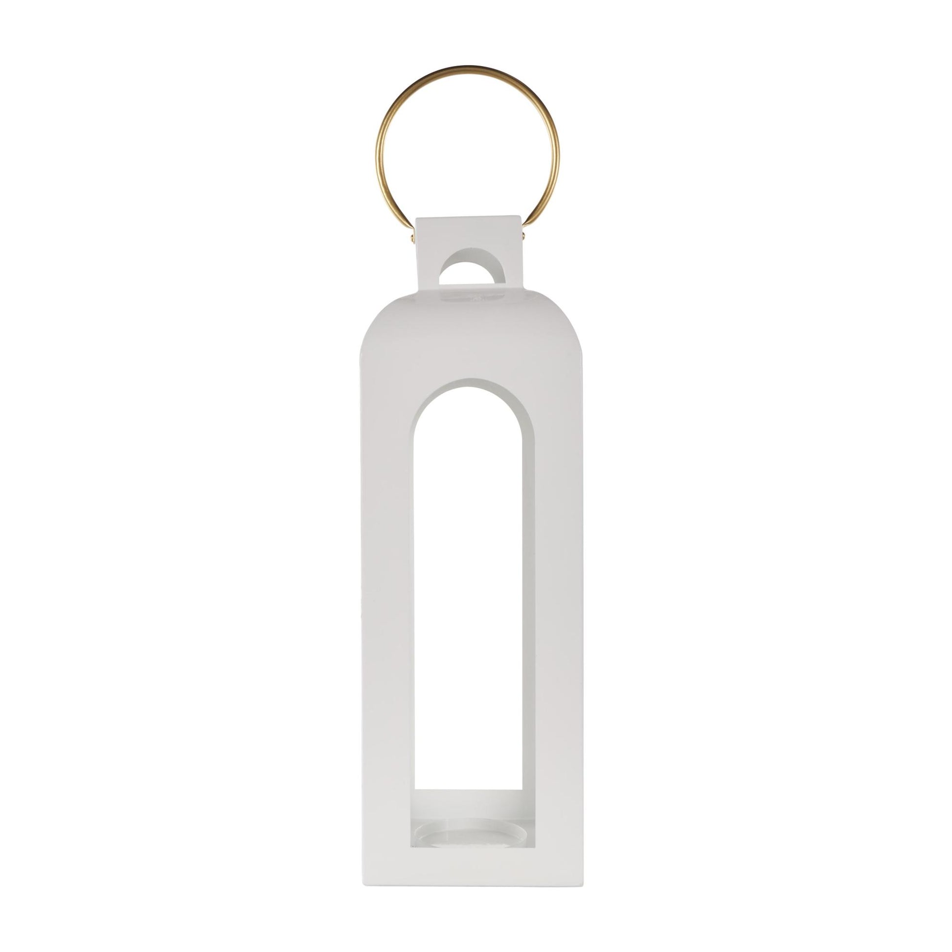 White Metal Tall Arched Cutout Indoor Outdoor Candle Lantern with Gold Handle