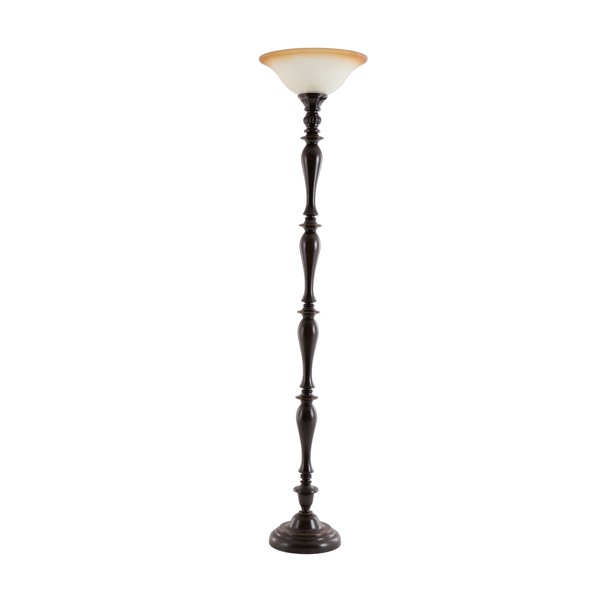 Brown Polystone Antique Style Turned Room Torchiere with Cream Glass Shade