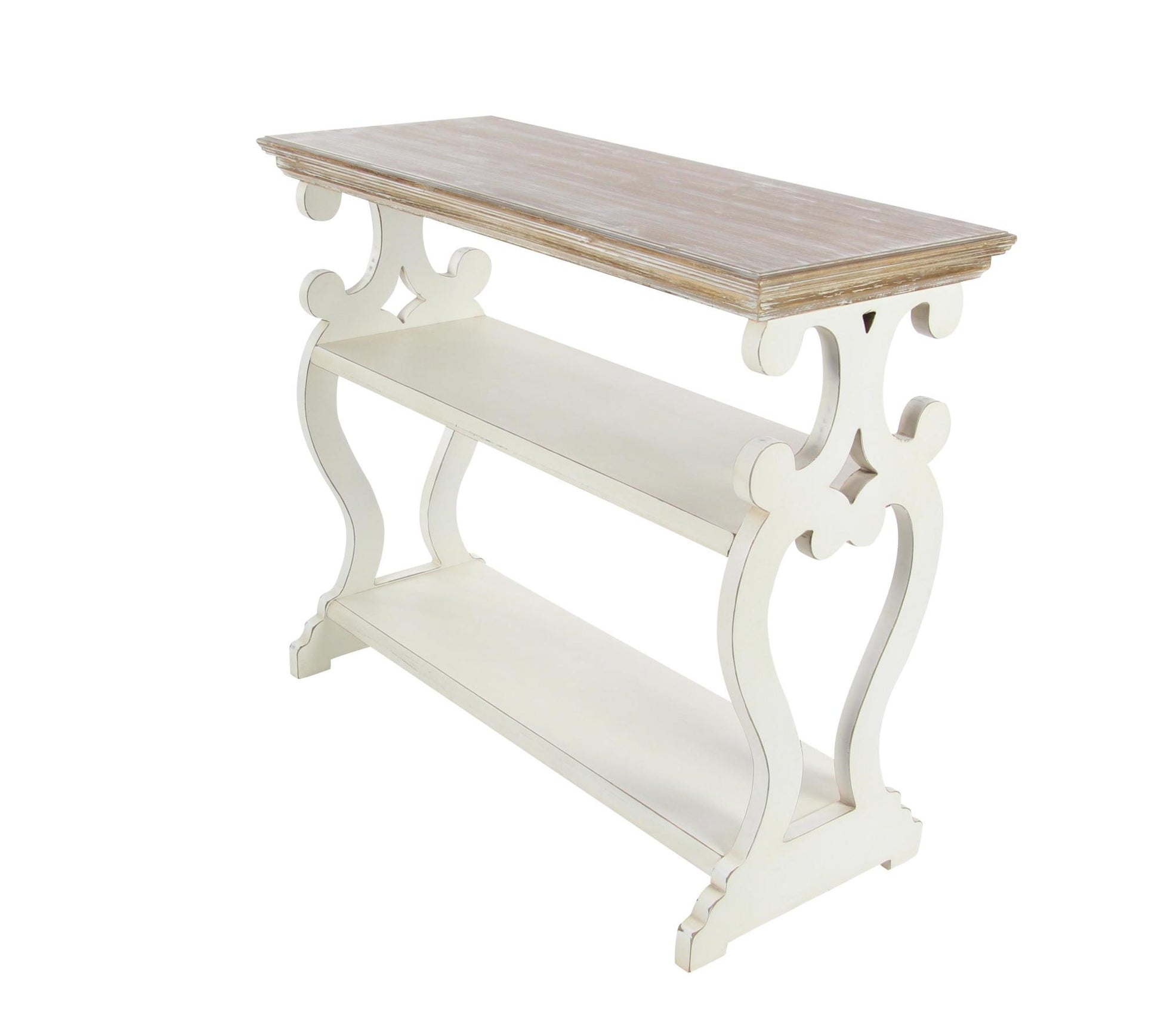 Scroll Wood 2 Shelf Living Room Console Table with Brown Wood Top 38" x 15" x 32"