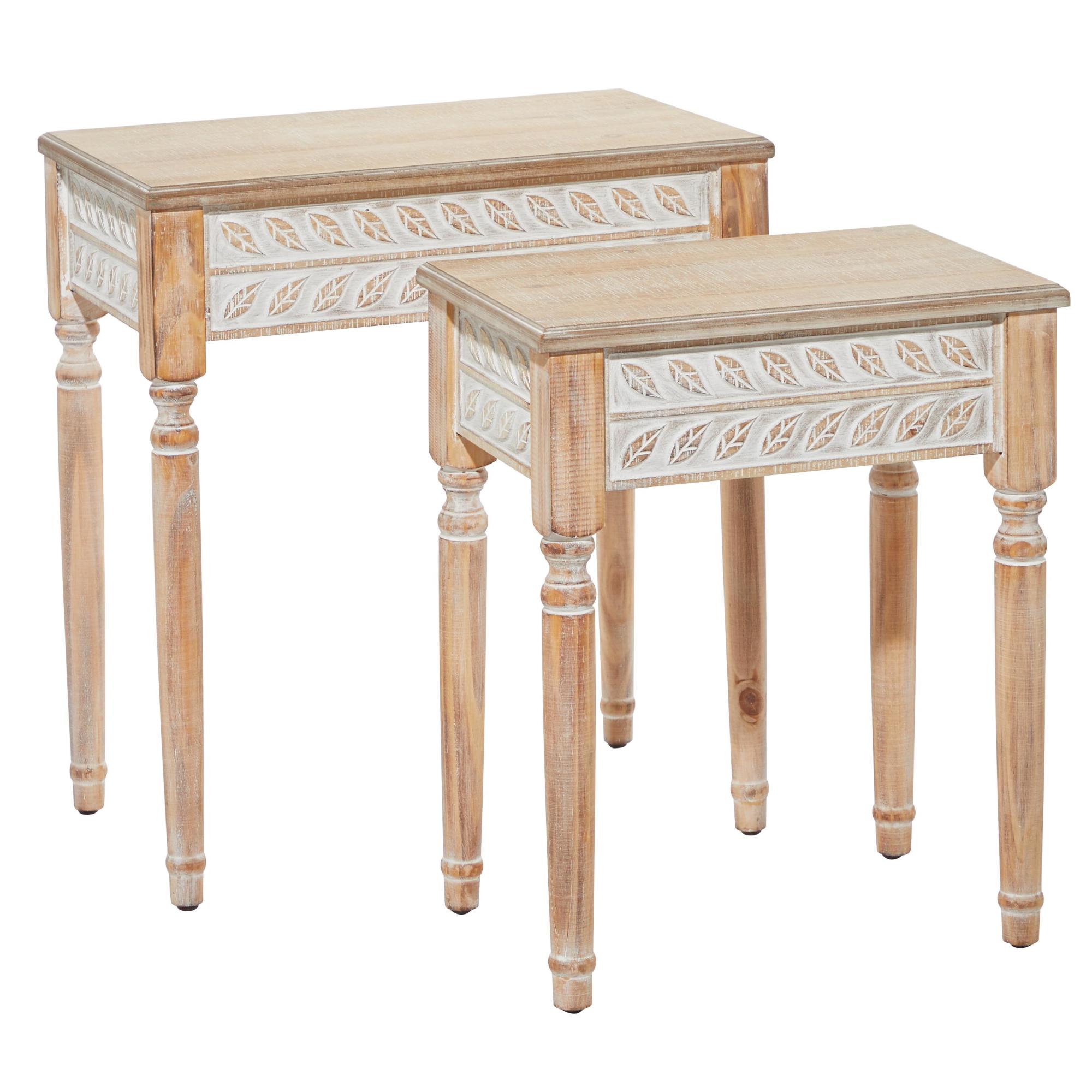 Set of 2 Leaf Brown Wooden Carved Side End Accent Table with Turned Legs