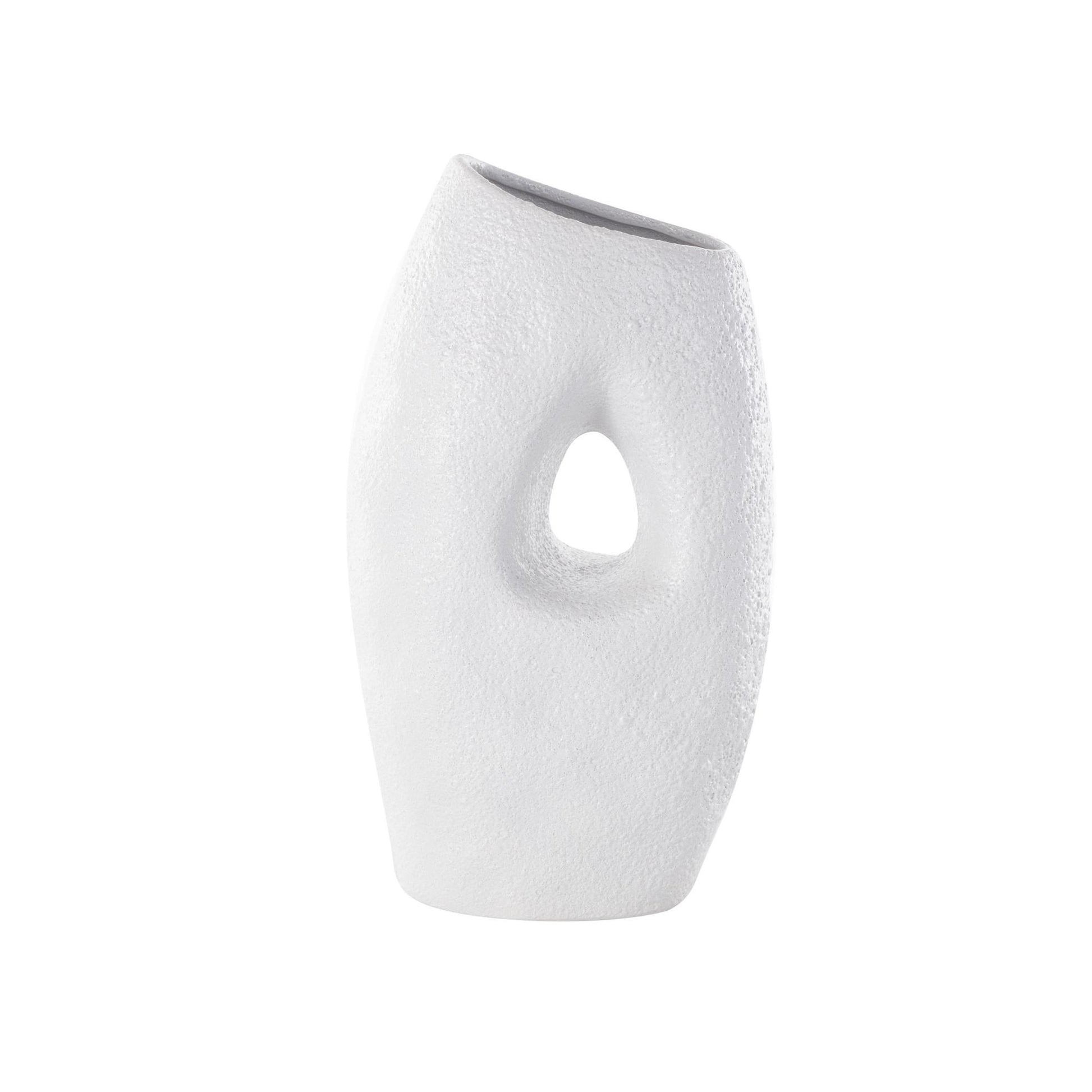 Abstract White Ceramic Textured Decorative Vase with Cutout Center