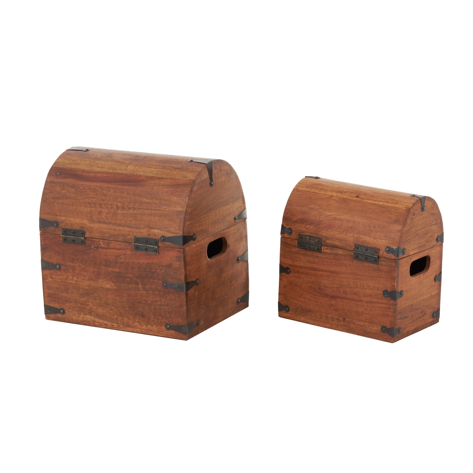 Set of 2 Brown Wood Handmade Arched Storage Chest Decorative Box with Black Metal Hardware