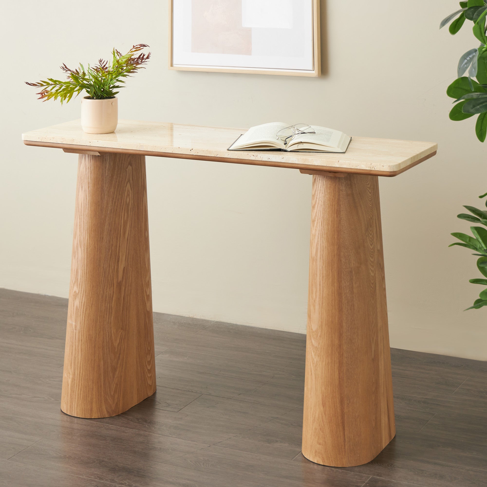 Brown Wood Rectangular Living Room Console Table with Rectangle Beige Marble Tabletop