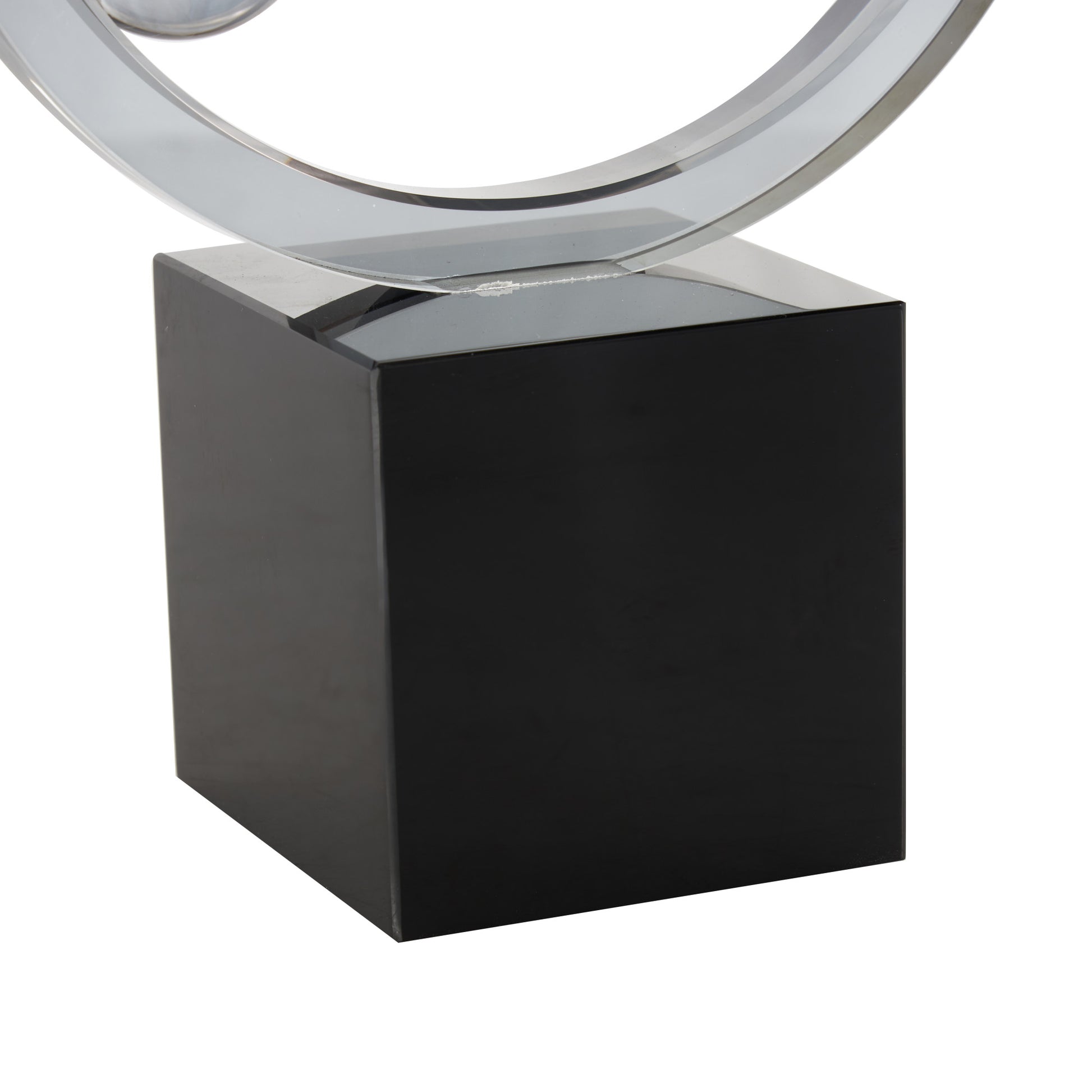 Abstract Clear Glass Ring Decorative Sculpture with Clear Orbs and Black Square Base