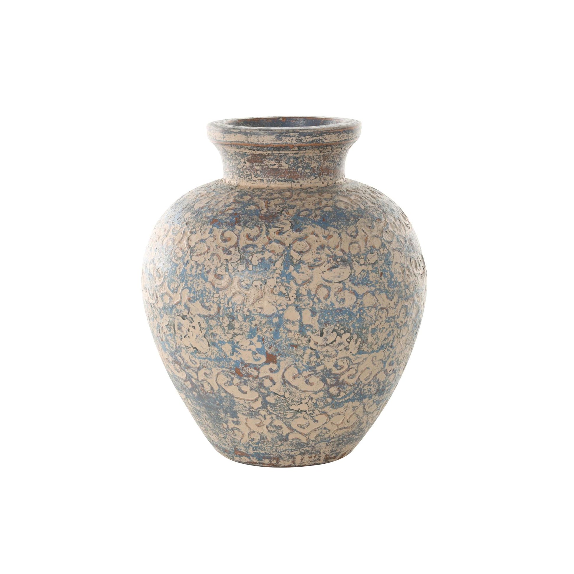 Scroll Beige Ceramic Handmade Antique Style Wide Rounded Decorative Vase with Blue and Copper Accents