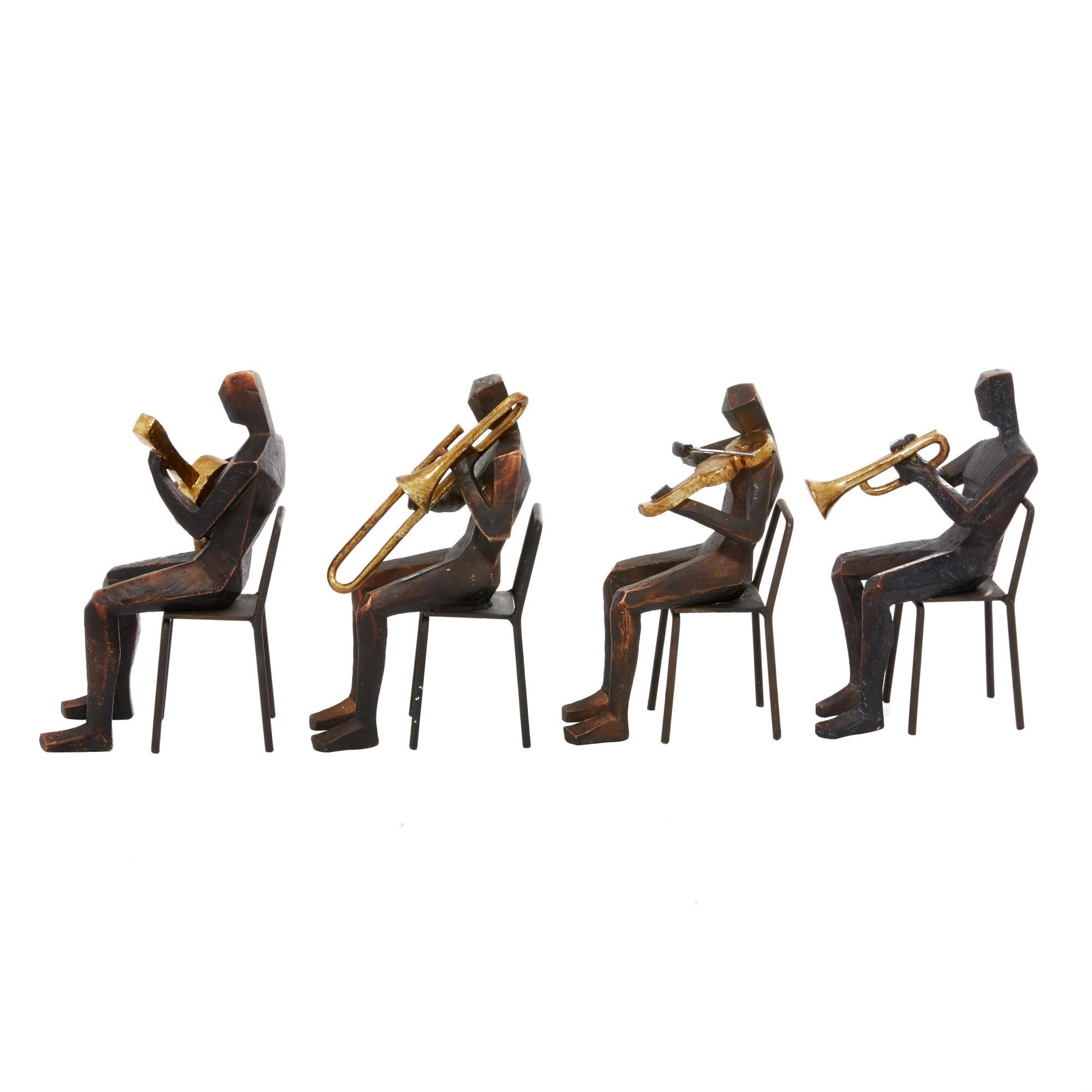 Set of 4 Musician Brown Polystone Decorative Sculpture with Gold Instruments
