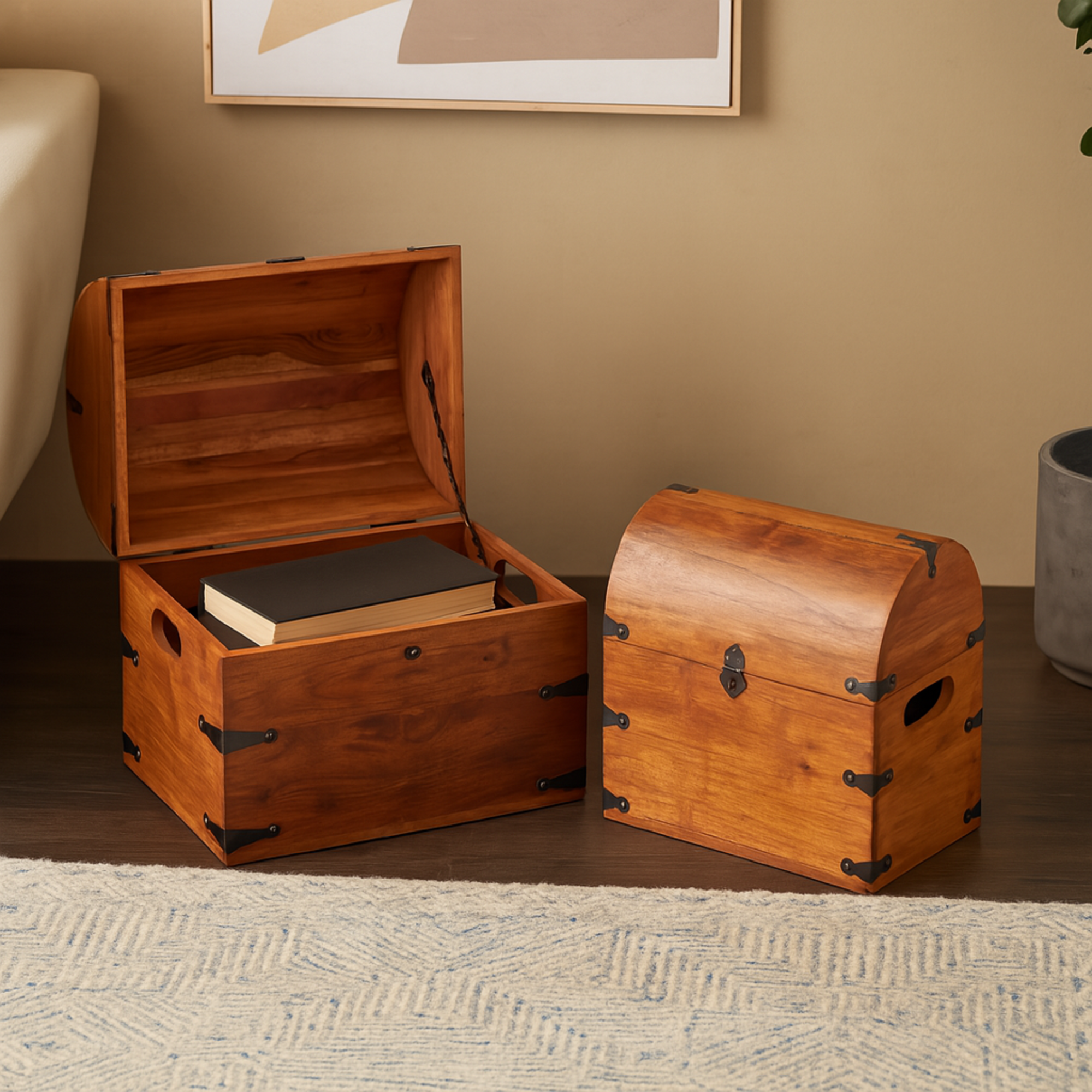 Set of 2 Brown Wood Handmade Arched Storage Chest Decorative Box with Black Metal Hardware