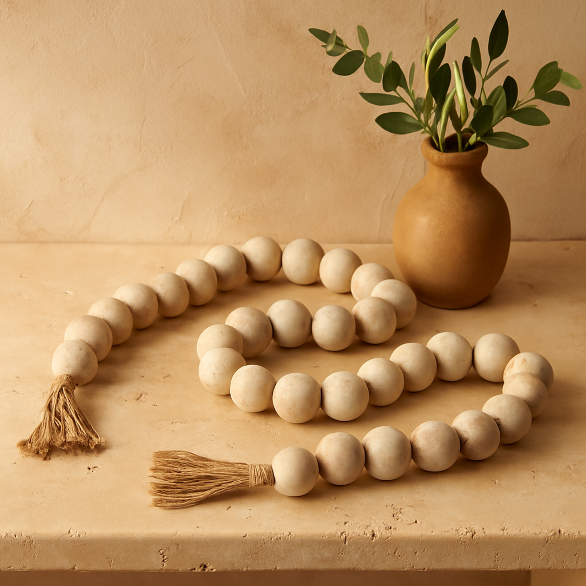 Ceramic Handmade Round Intricately Shaped Large Distressed Beaded Garland with Tassel