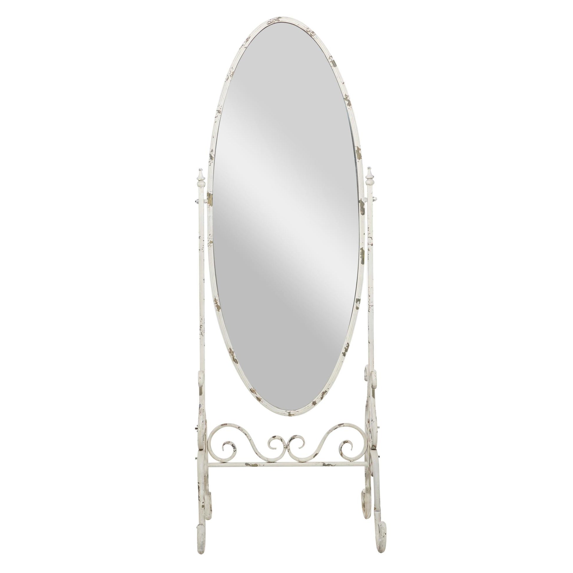 Scroll White Metal Oval Room Floor Mirror with Stand