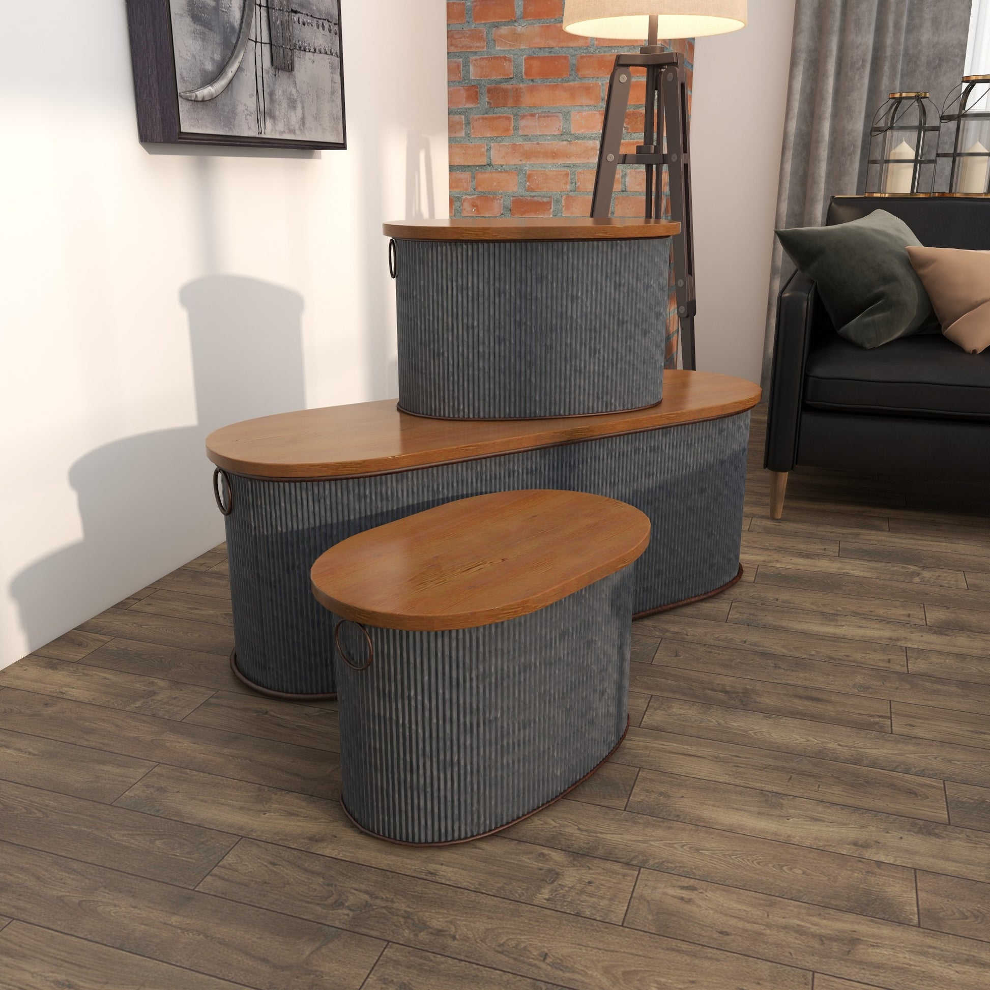 Set of 3 Silver Metal Room Storage Bench with Brown Wood Top