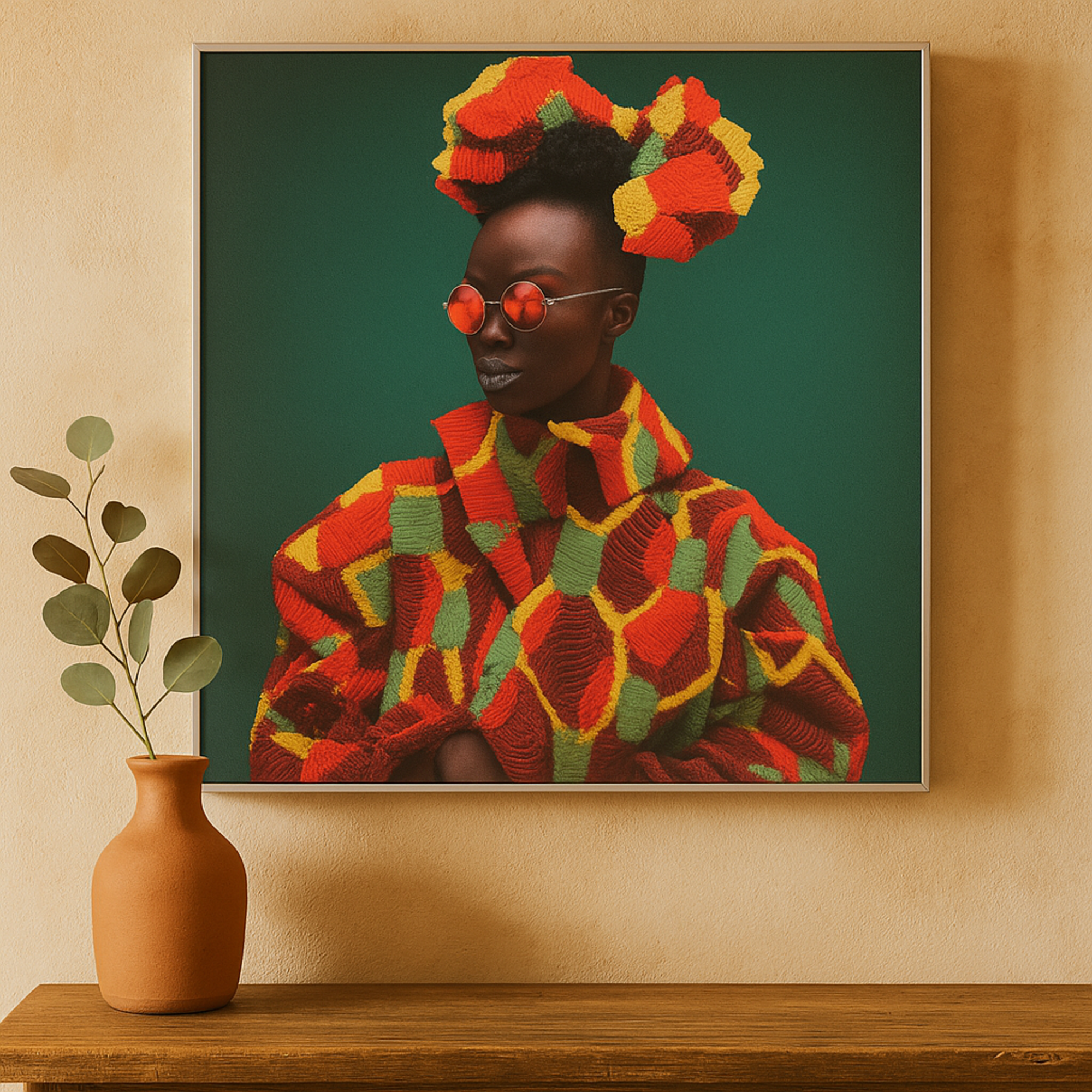 Woman Green Canvas Chic Living Room Framed Wall Art with Red and Yellow Dresswear