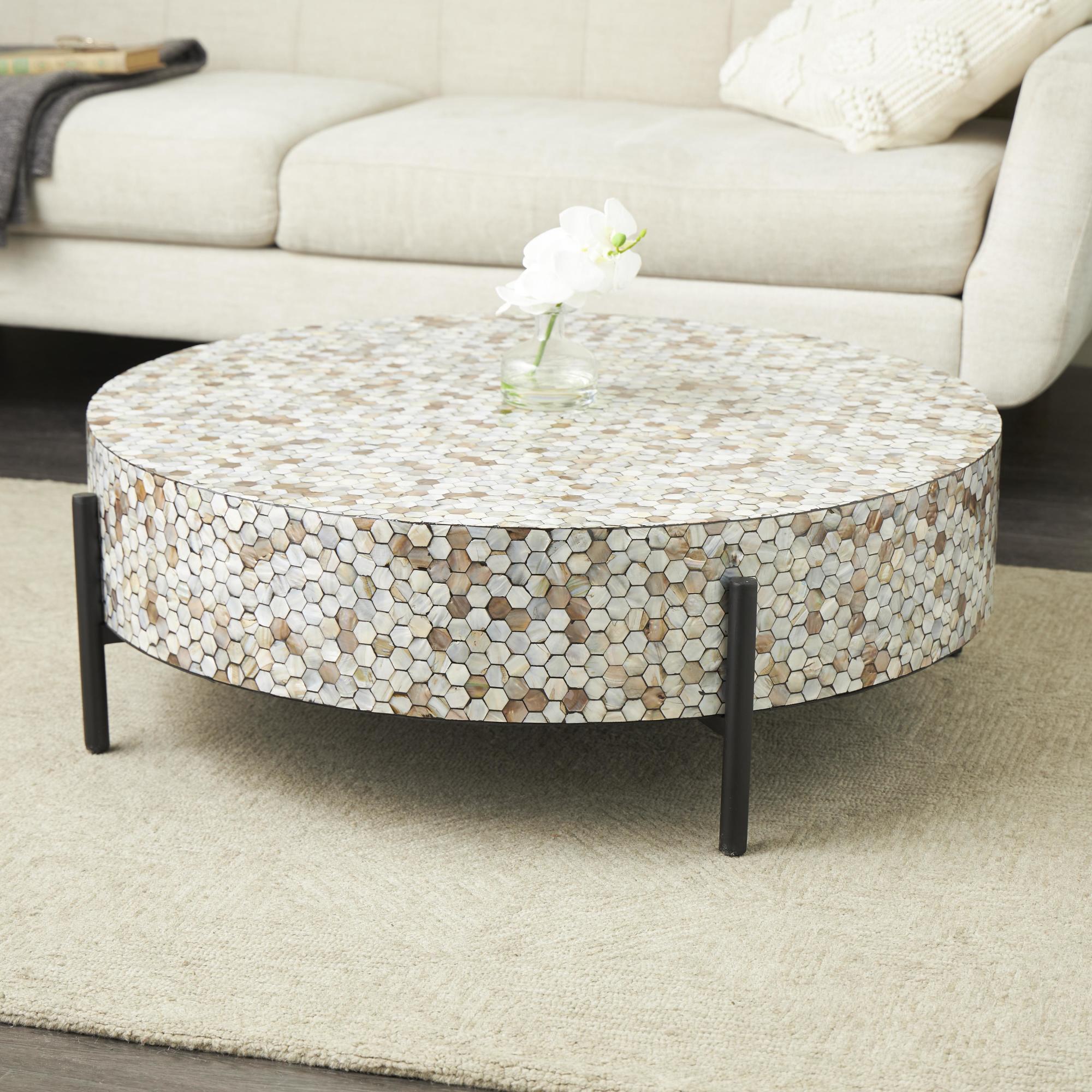 Geometric Mother of Pearl Shell Handmade Mosaic Inlay Living Room Coffee Table with Black Metal Legs 38" x 38" x 12"