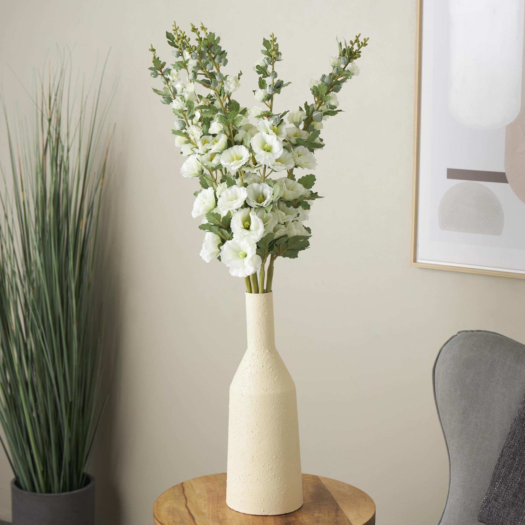 Set of 8 Hollyhock White Faux Foliage Tall Indoor Outdoor Artificial Flower Stem with Blue Accents