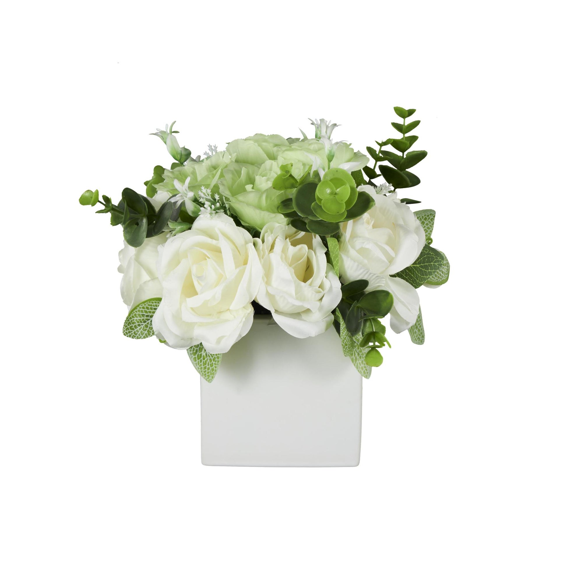 Hydrangea and Pom Pom White Fabric Indoor Outdoor Artificial Flower with Green Leaves and Square Ceramic Vase