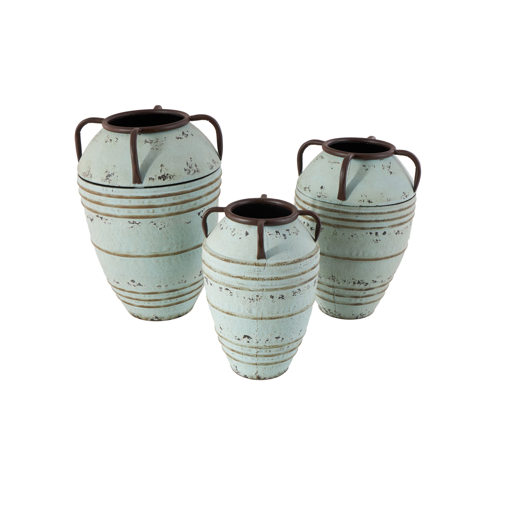 Set of 3 Blue Metal Distressed Decorative Vase with Handles