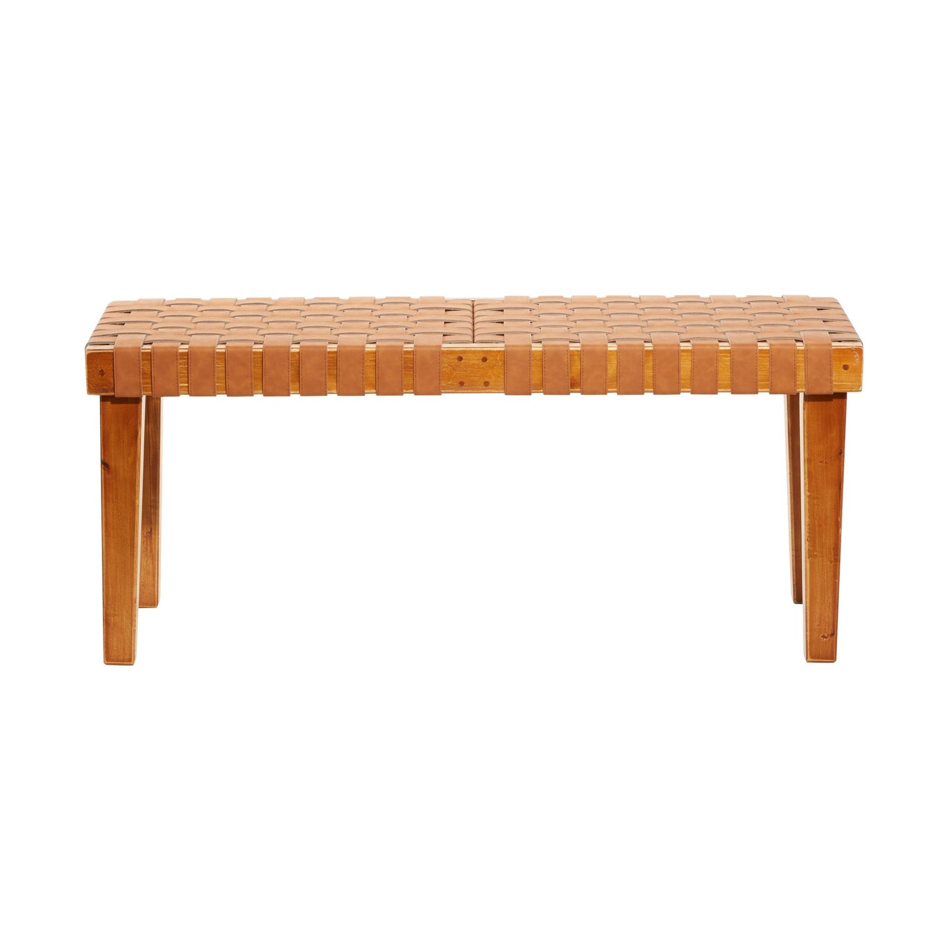 Brown Faux Leather Handmade Woven Home Bench with Wood Frame