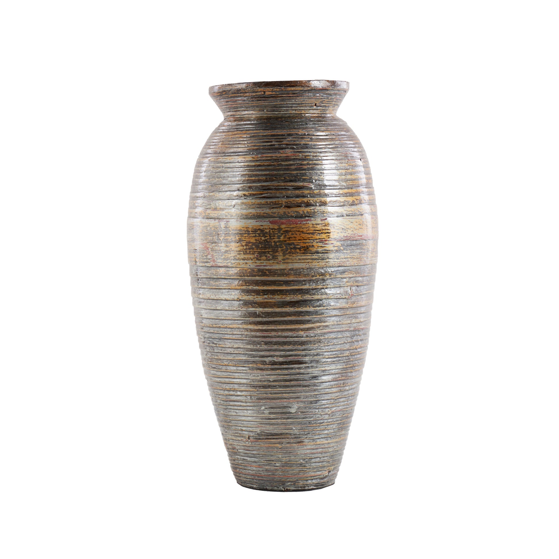 Brown Bamboo Wood Textured Decorative Vase with Lacquer