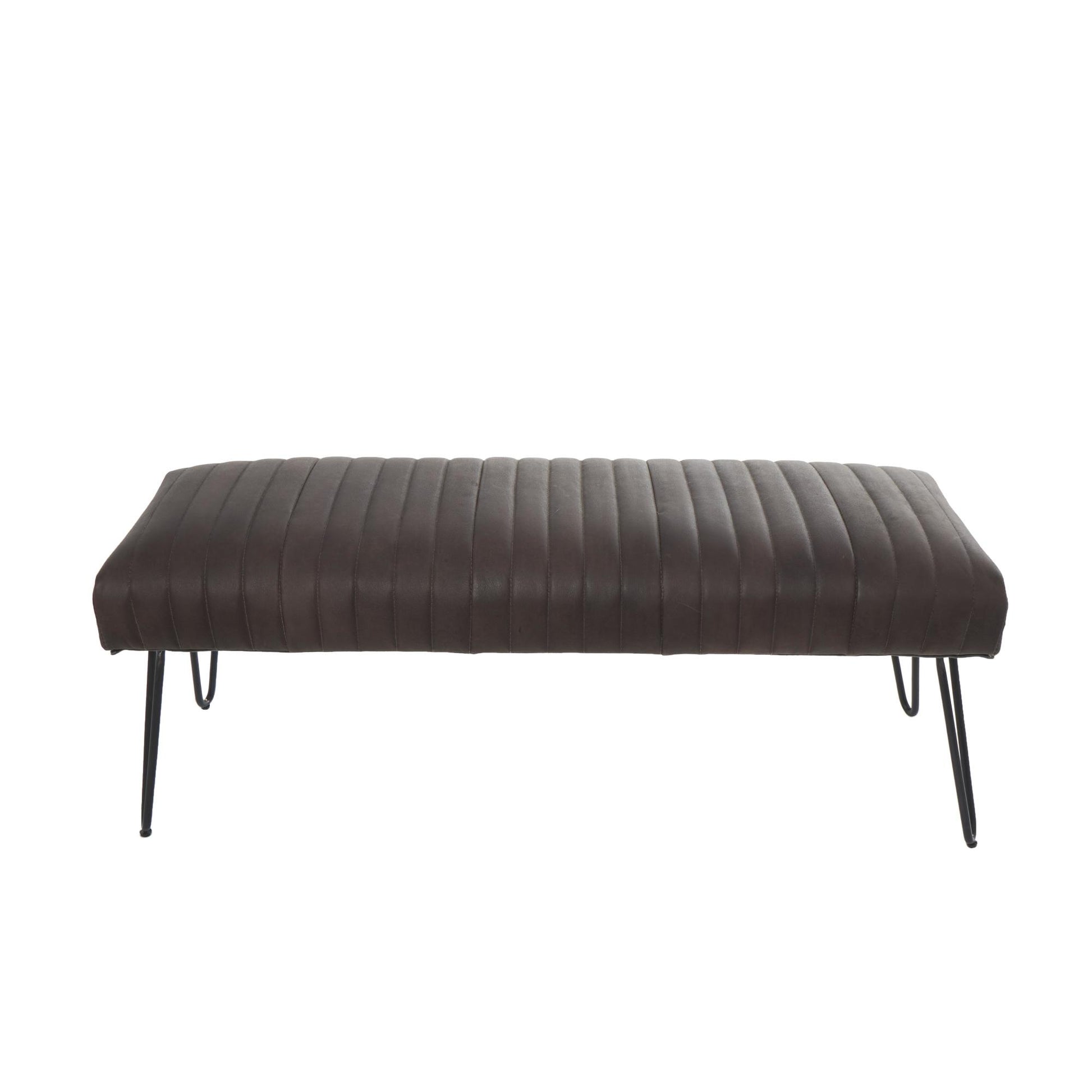 Leather Upholstered Home Bench with Linear Tufted Panels and Black Metal Hairpin Legs