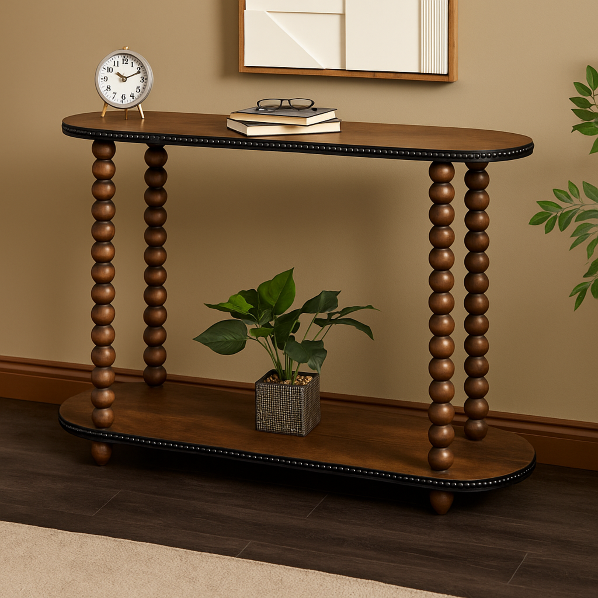Brown Wood Oval Spindle Living Room Console Table with Beaded Edges