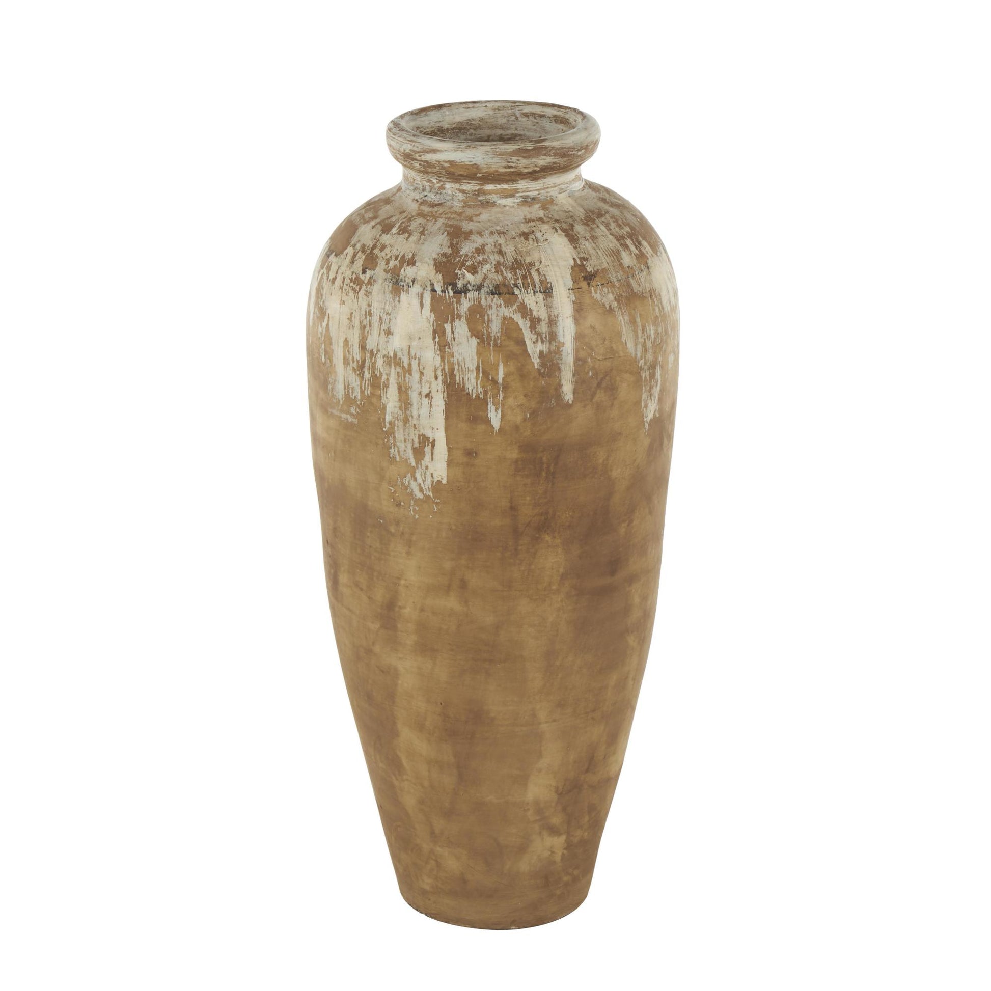 Brown Ceramic Antique Style Distressed Patina Decorative Vase with Beige Accents