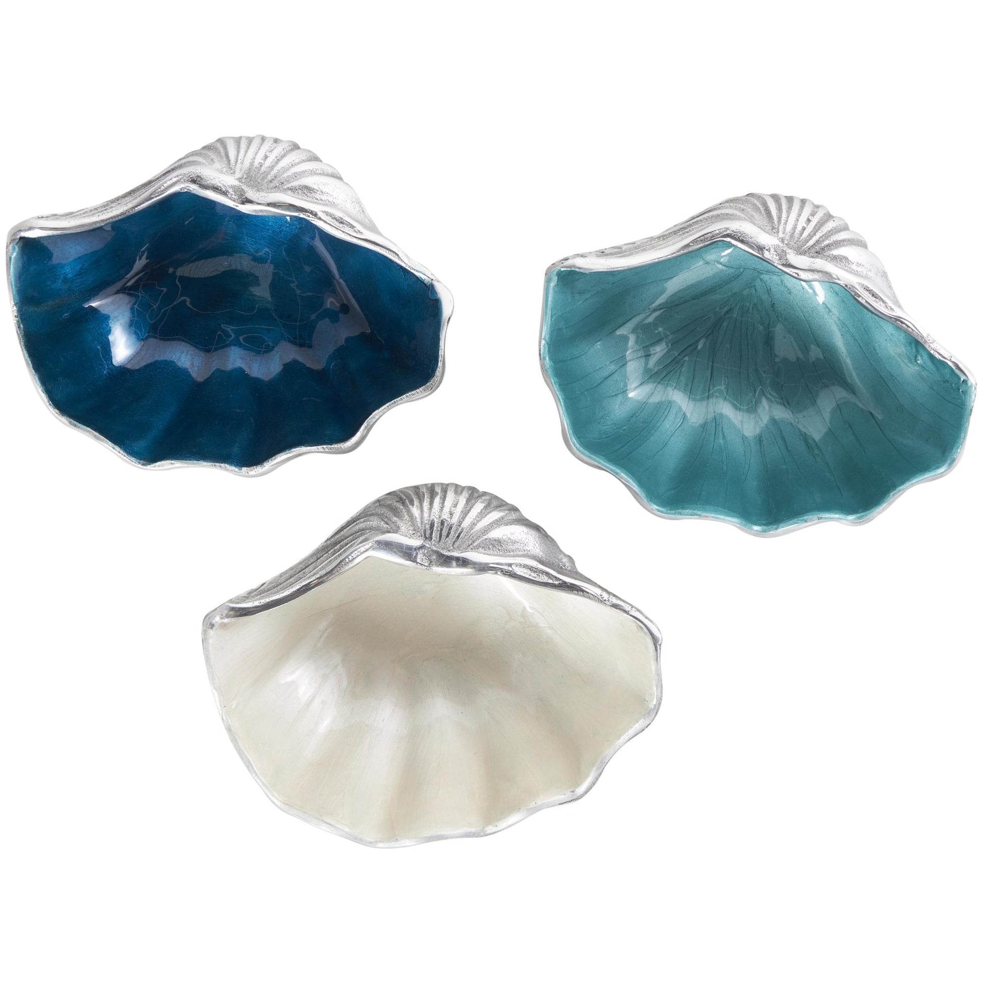Set of 3 Shell Multi Colored Aluminum Metal Enameled Large Decorative Bowl with Silver Bases