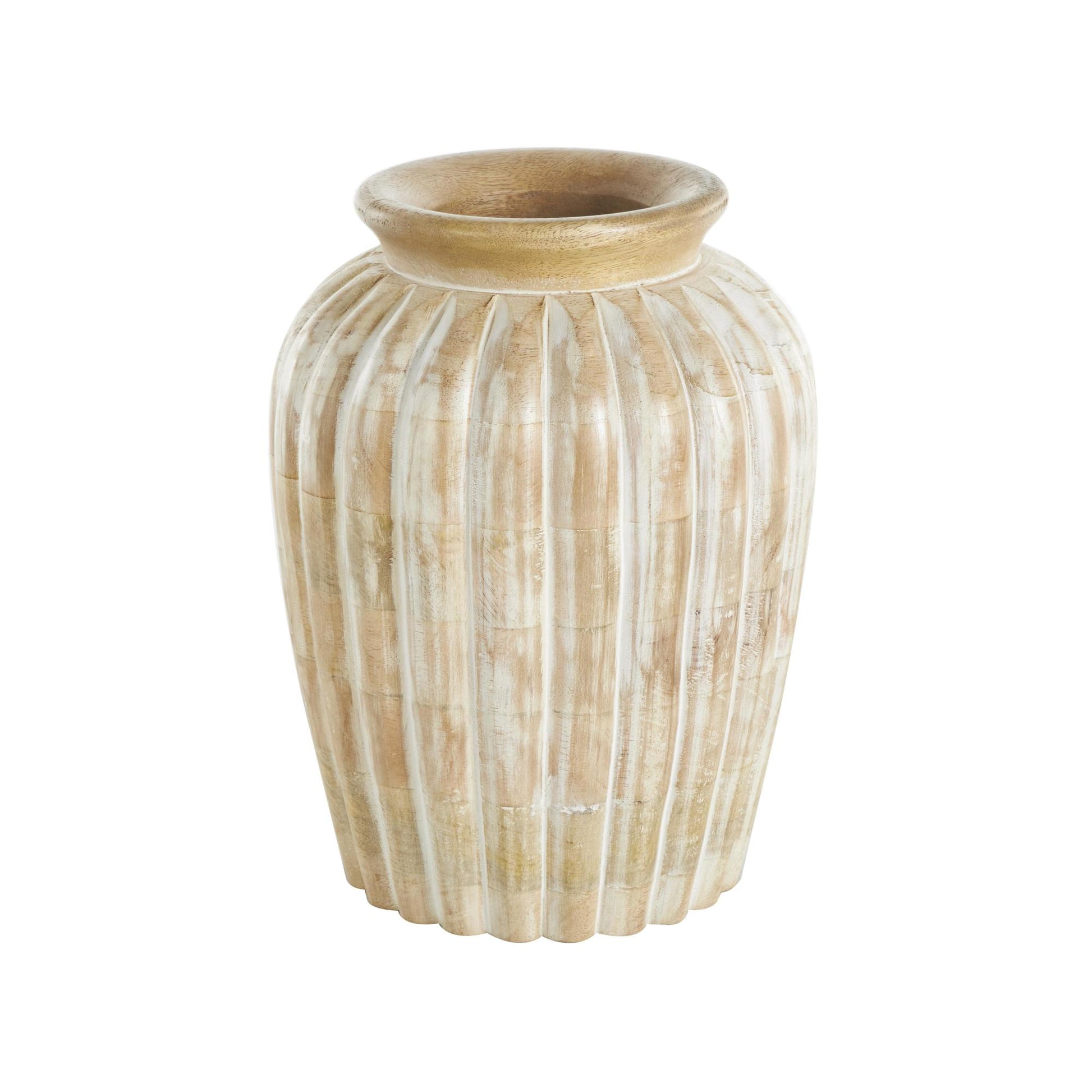 Light Brown Mango Wood Distressed Decorative Vase with Carved Ridges