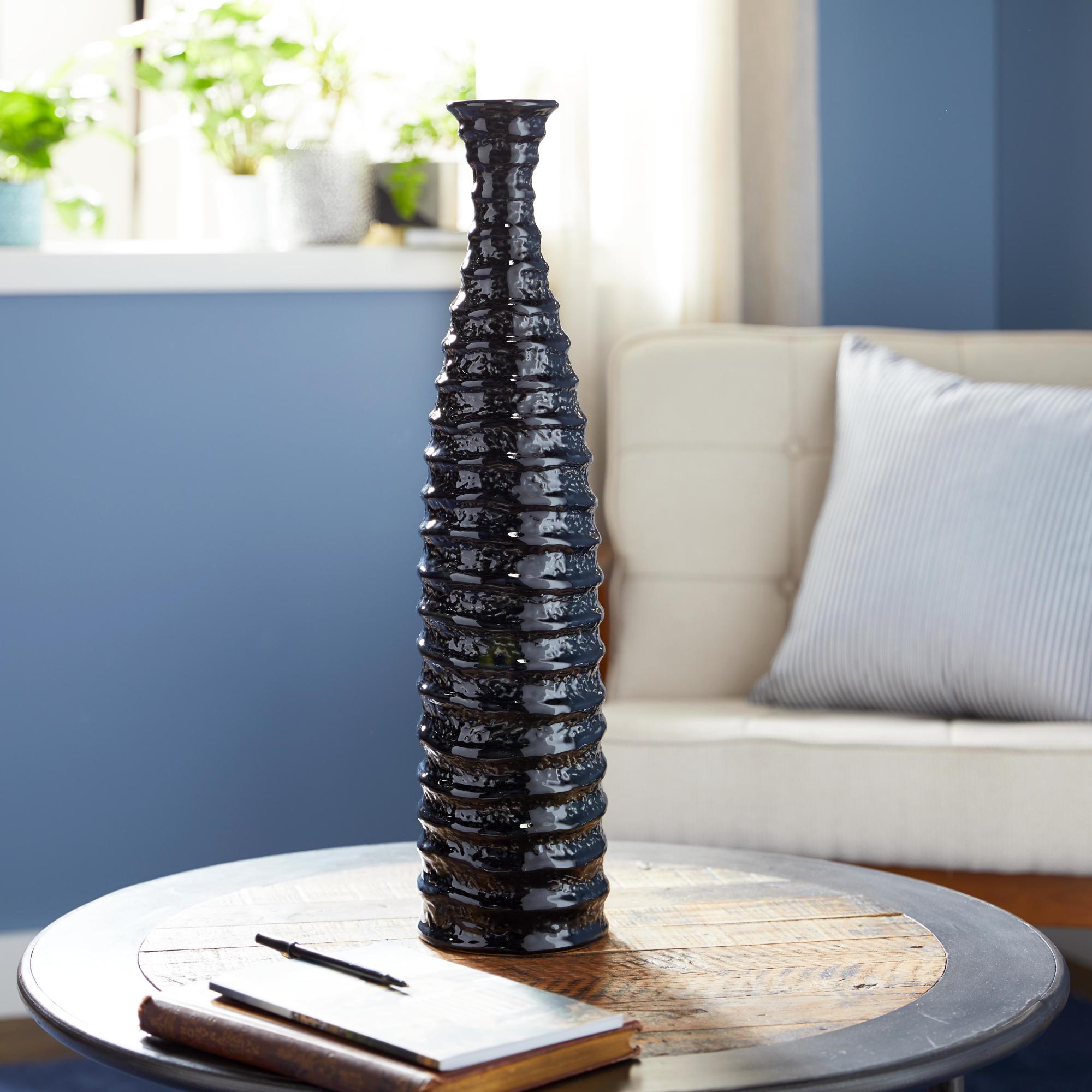 Black Ceramic Decorative Vase with Ripple Texture