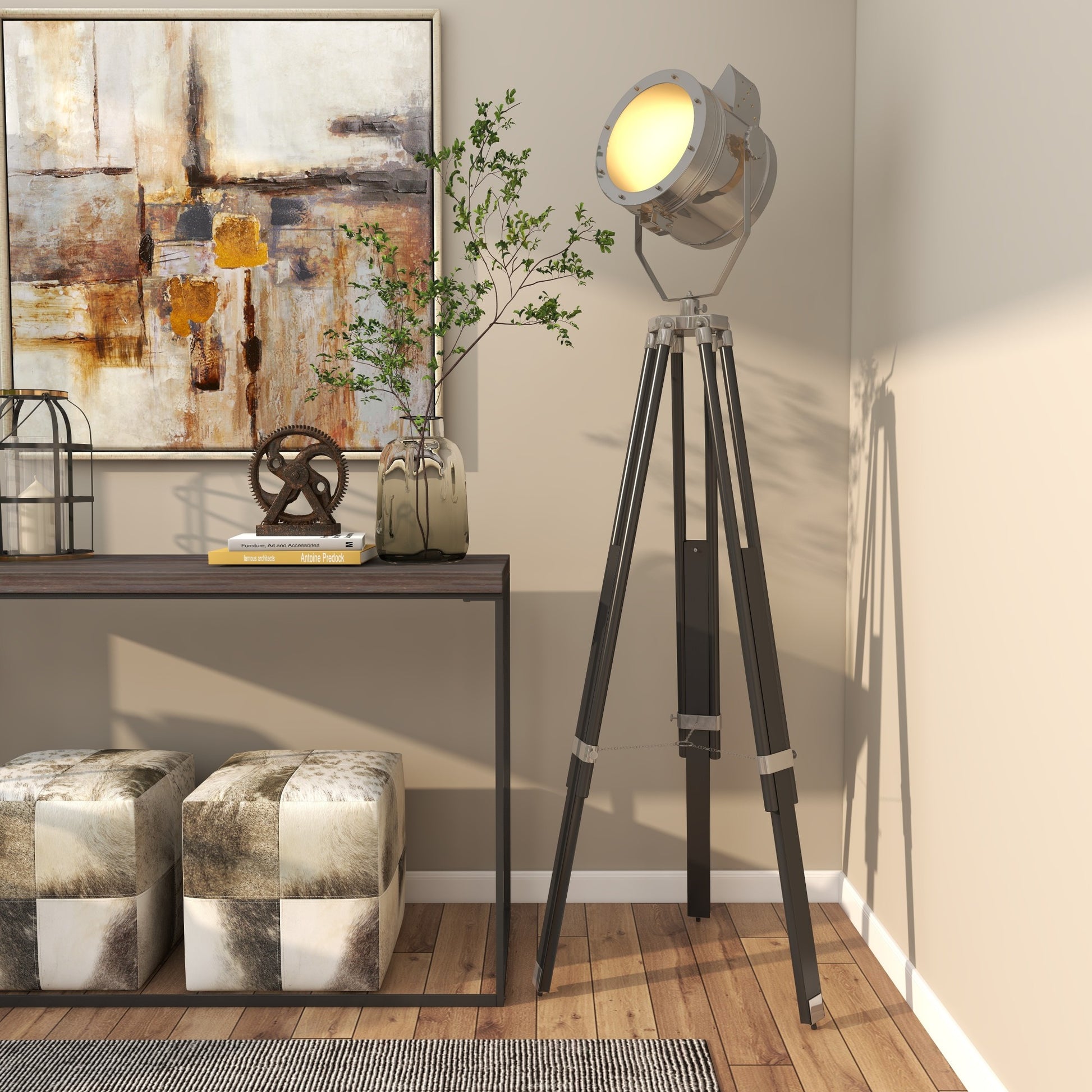 Black Wood Spotlight Room Floor Lamp with Silver Metal Accents