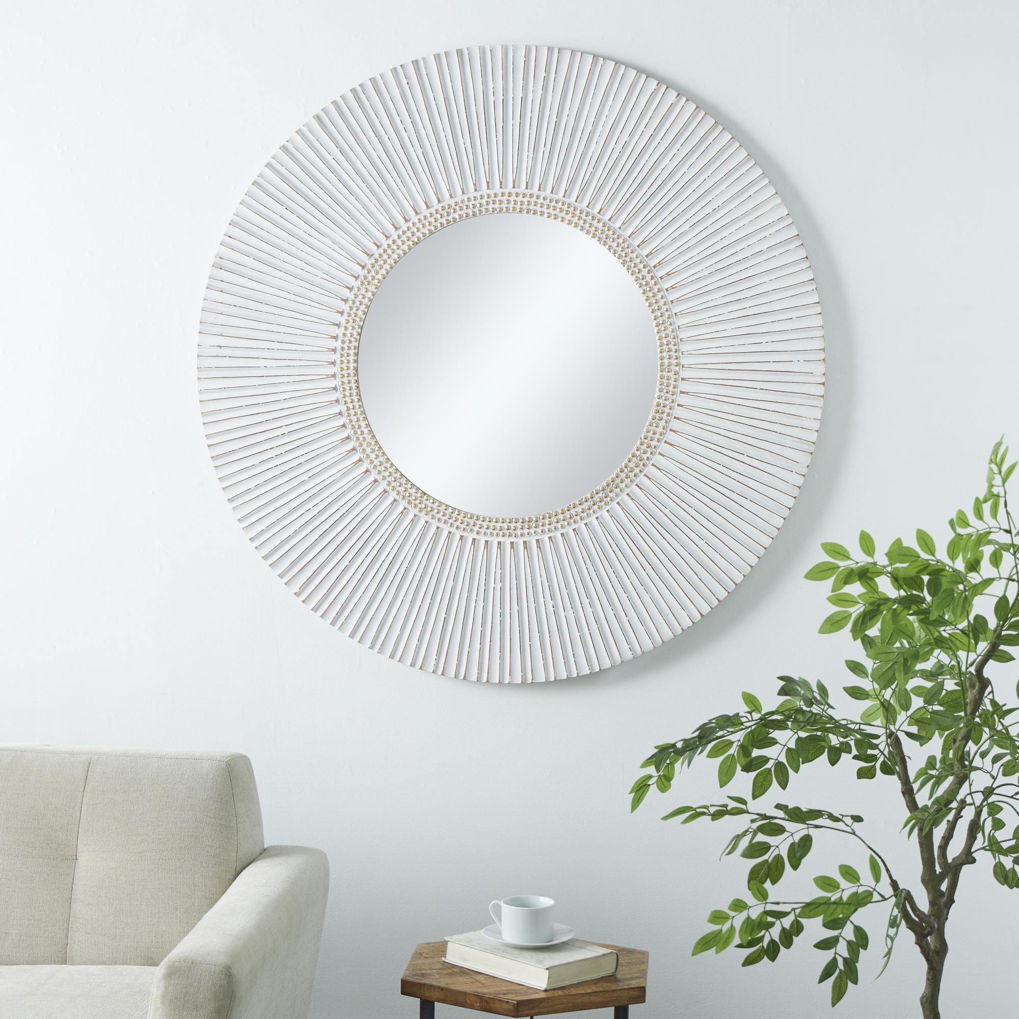Starburst White Wooden Room Wall Mirror with Beaded Inner Circle