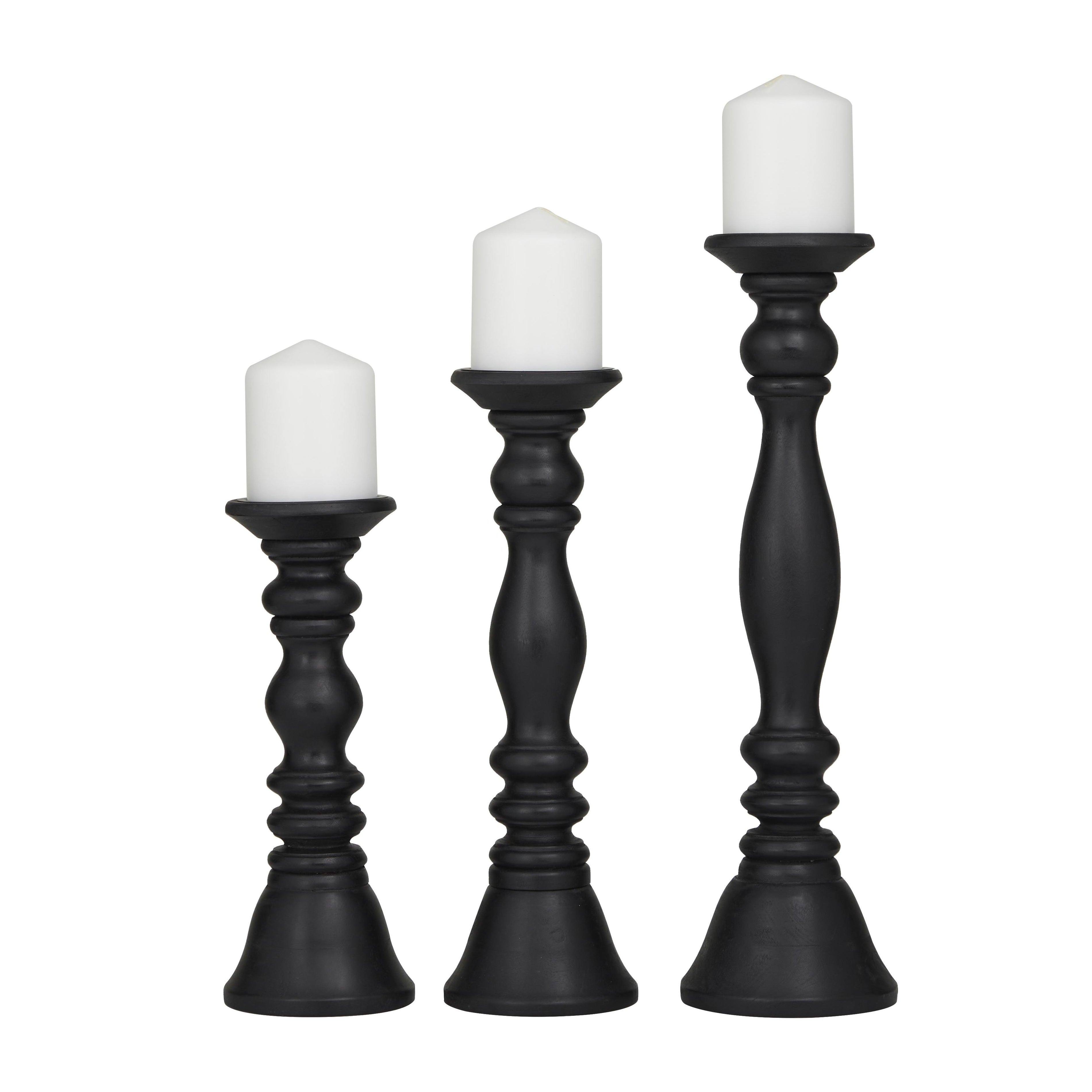 Set of 3 Wood Turned Style Pillar Decorative Candle Holder